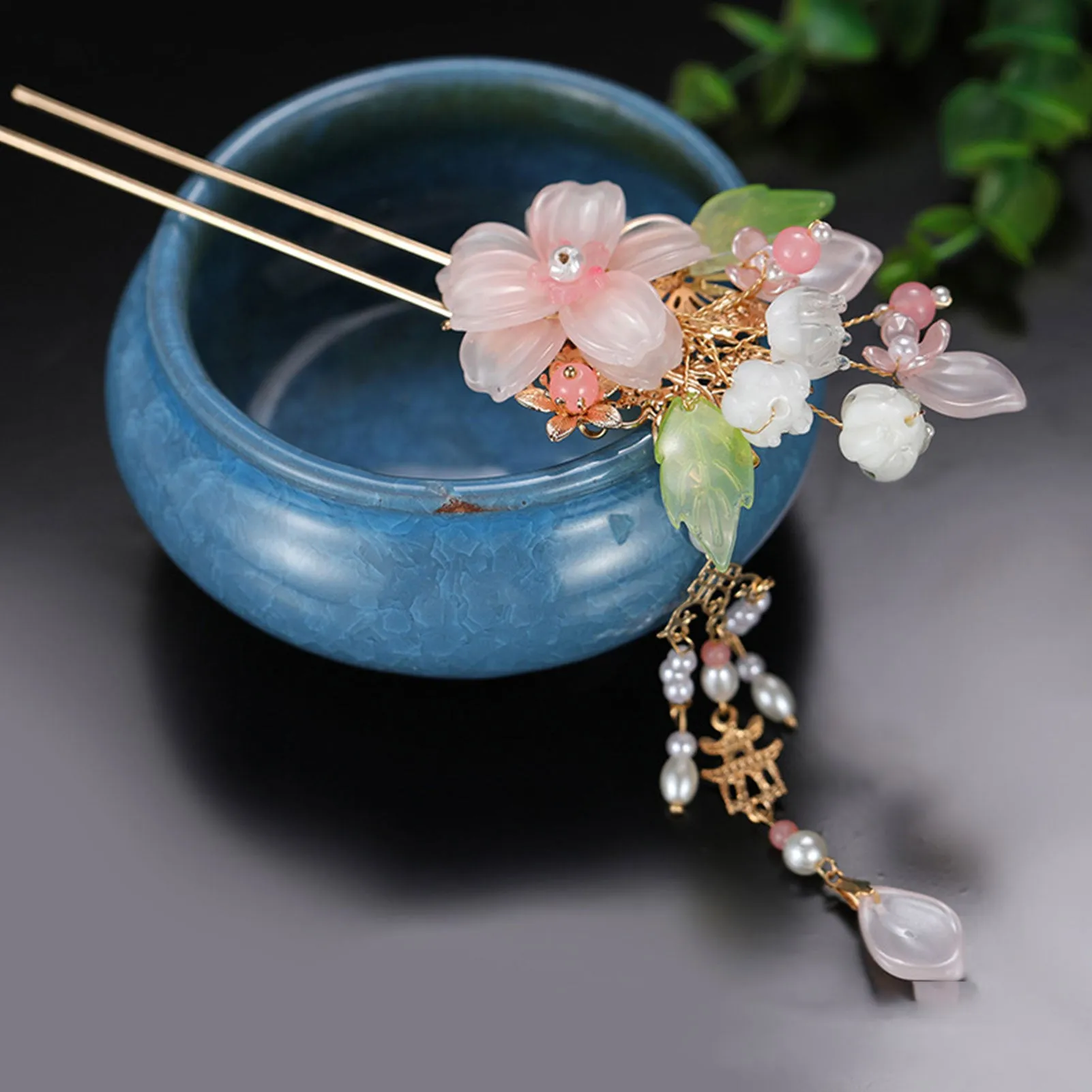 Pink White Flower Pearl Wedding Bridal Hair Stick Headwear