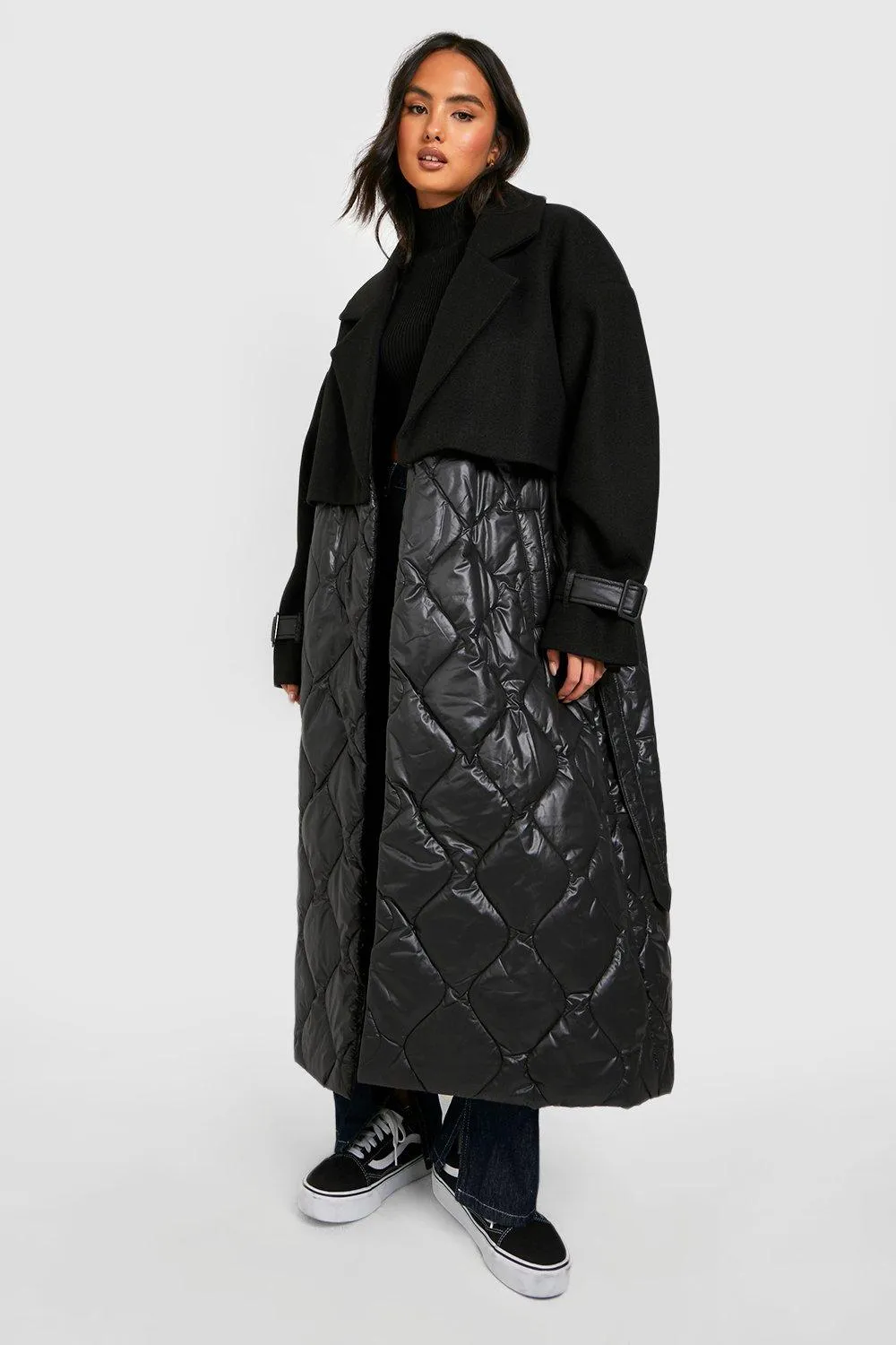 Quilted Wool Look Padded Trench Coat