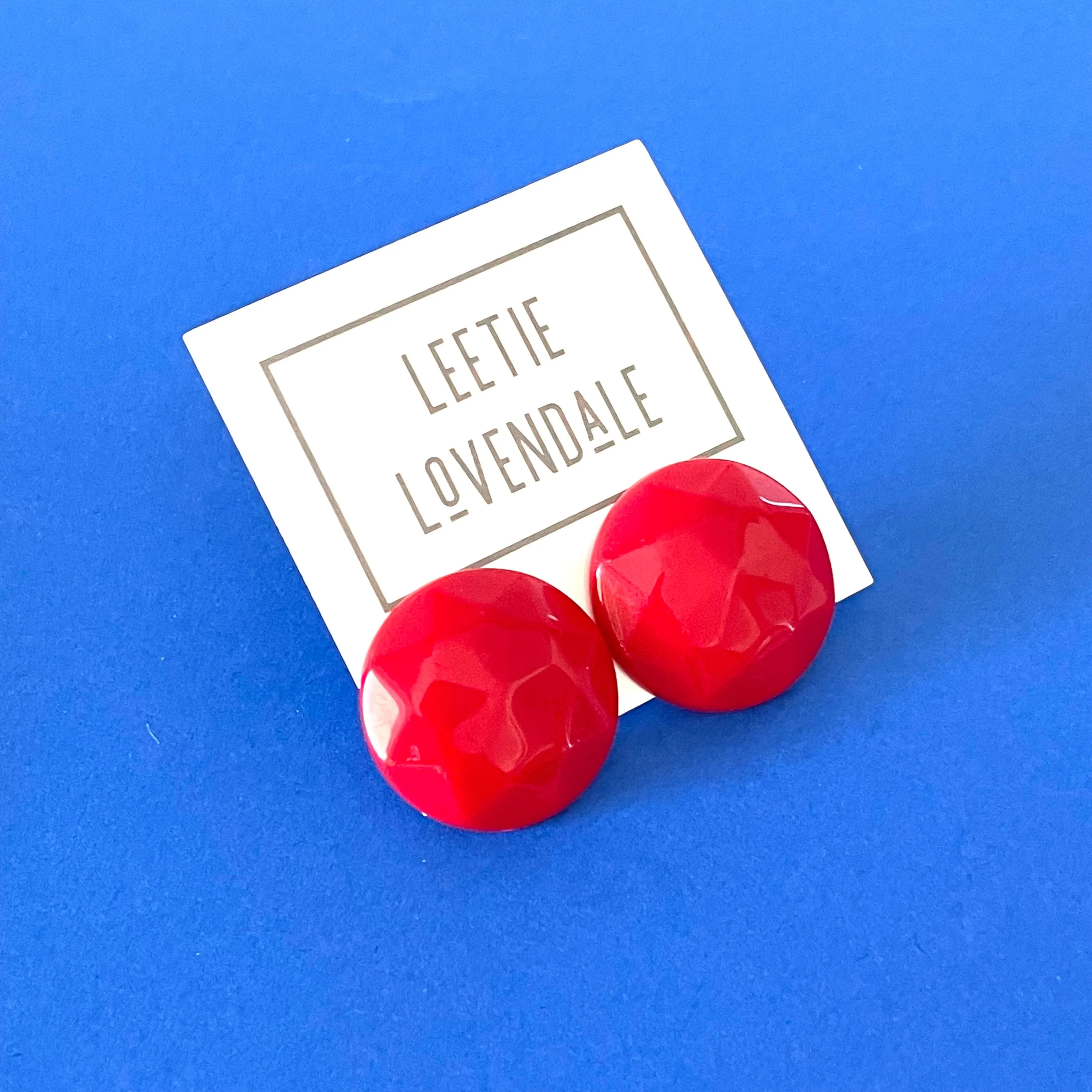 Red Faceted Trudy Lucite Button Stud Earrings