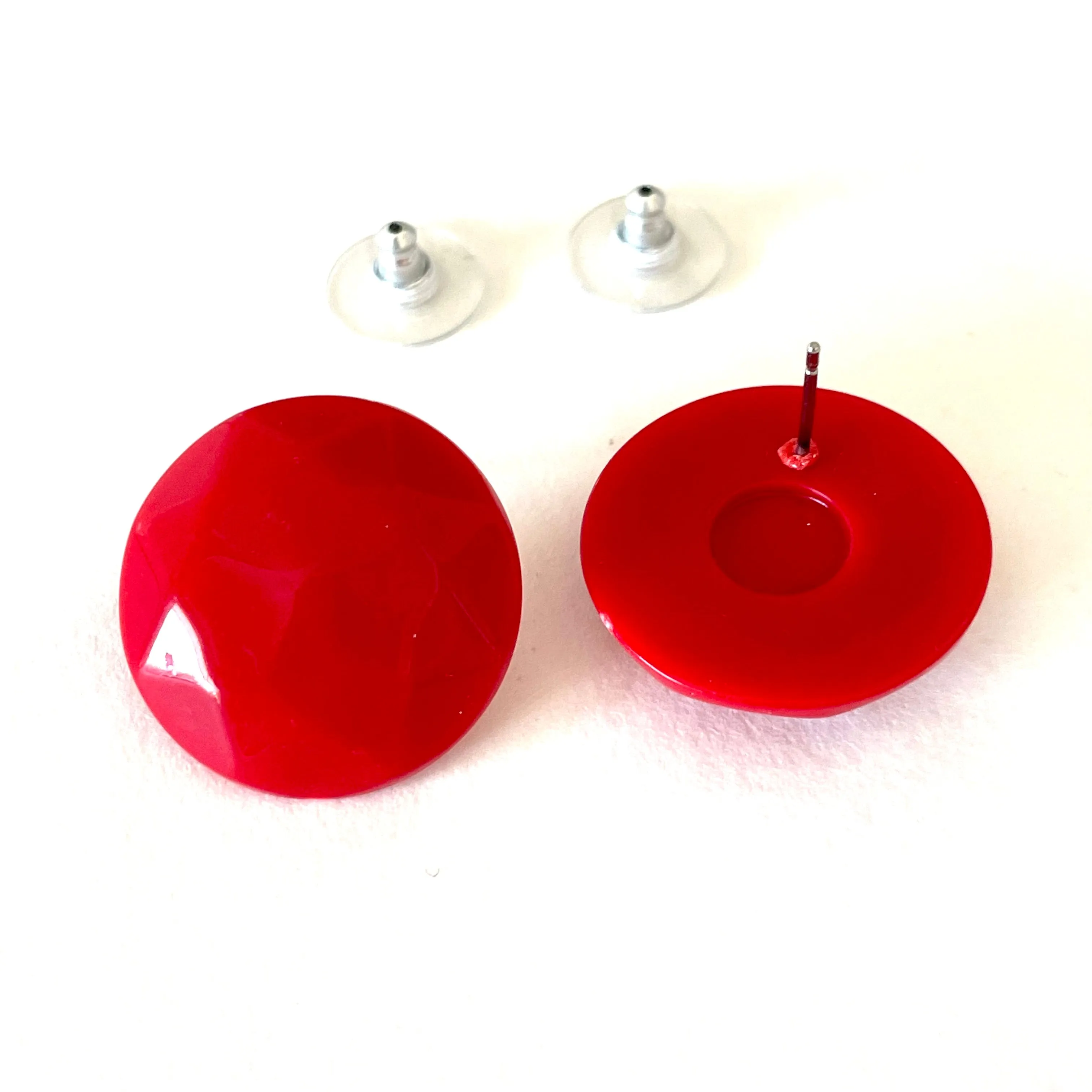 Red Faceted Trudy Lucite Button Stud Earrings