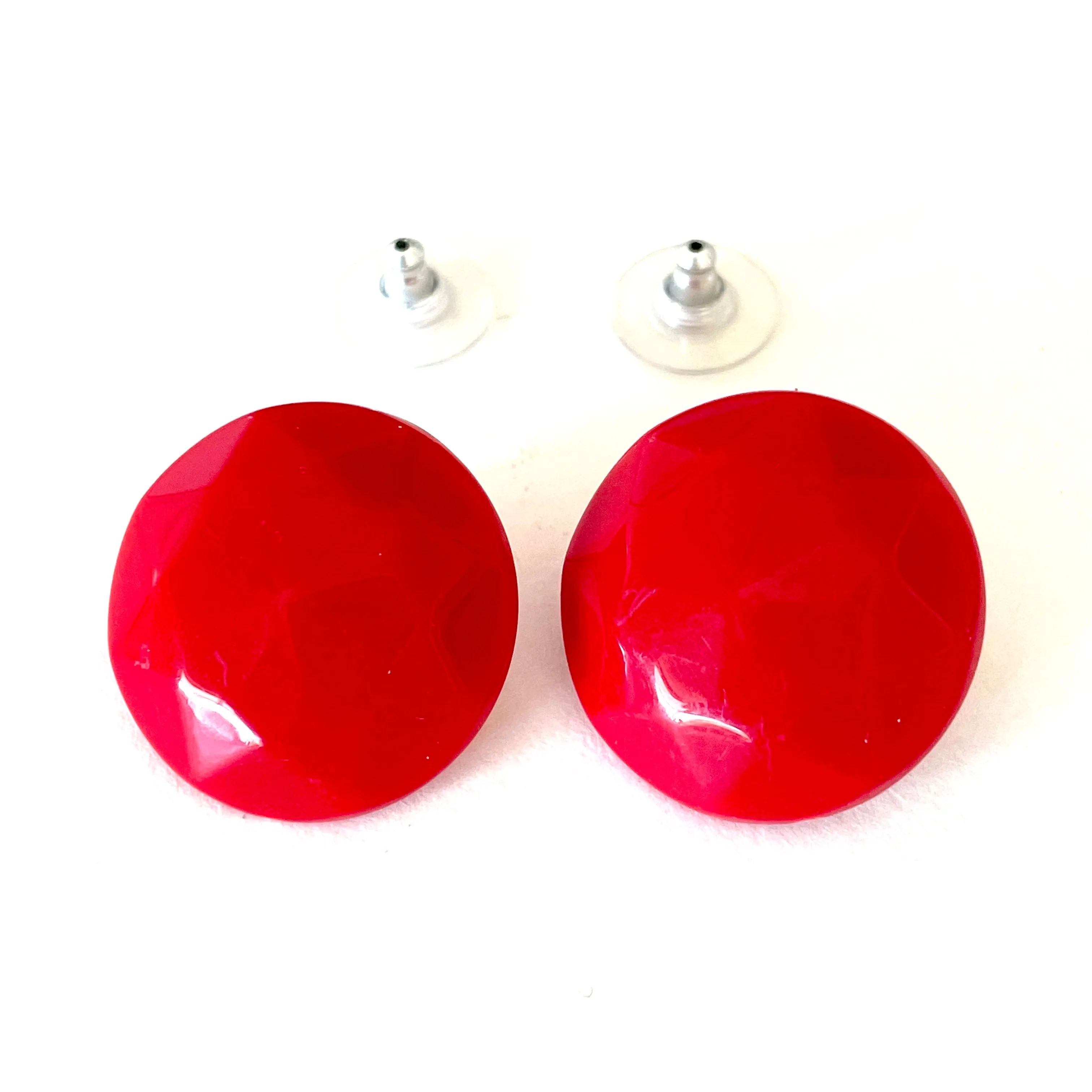 Red Faceted Trudy Lucite Button Stud Earrings