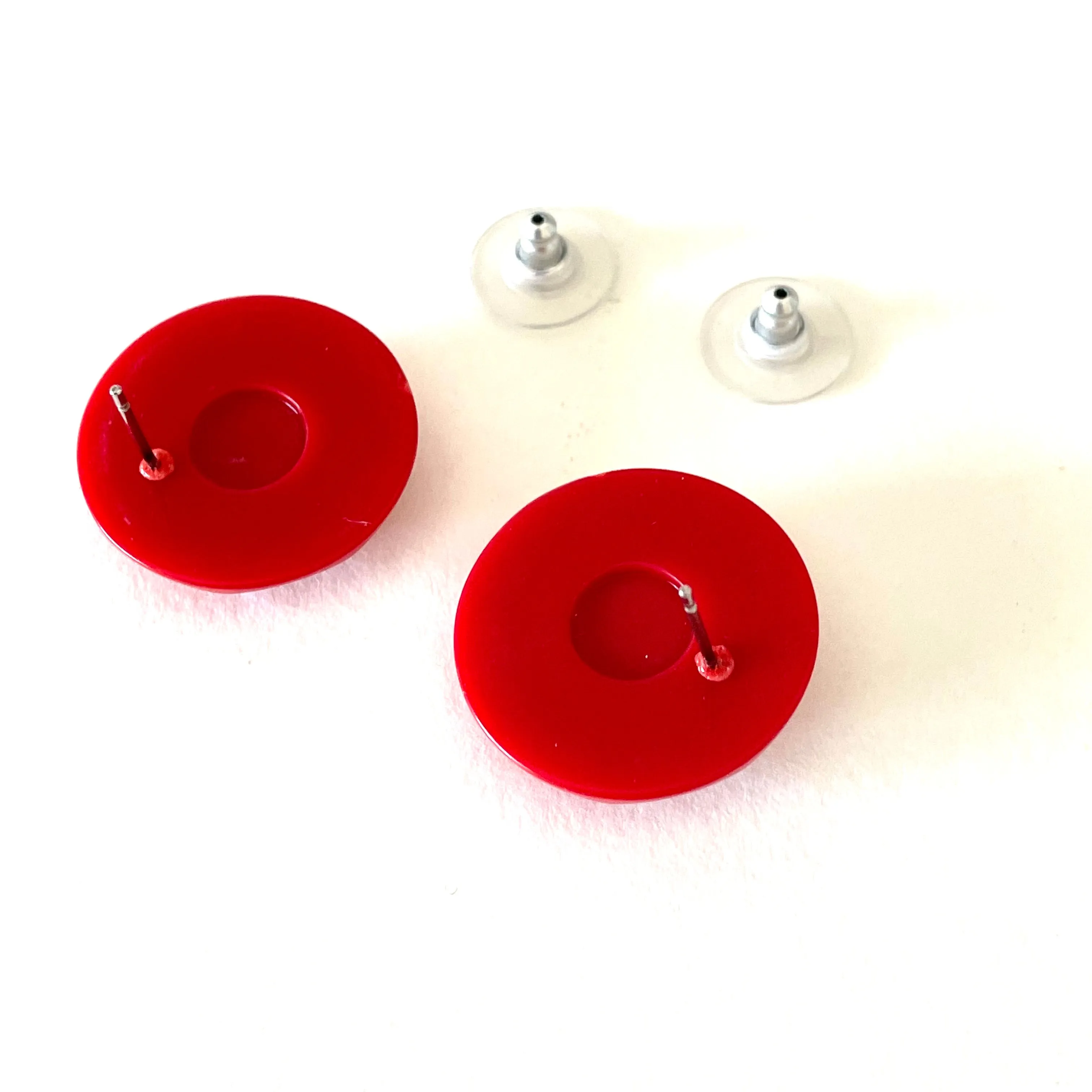 Red Faceted Trudy Lucite Button Stud Earrings