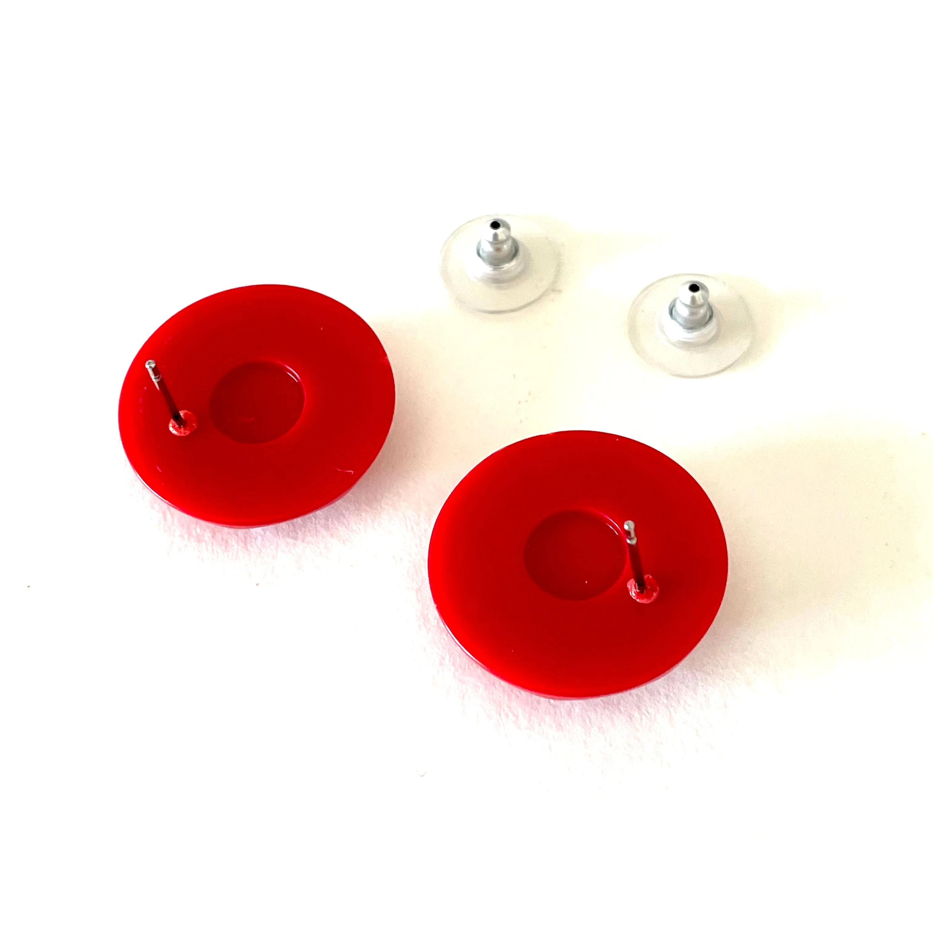 Red Faceted Trudy Lucite Button Stud Earrings