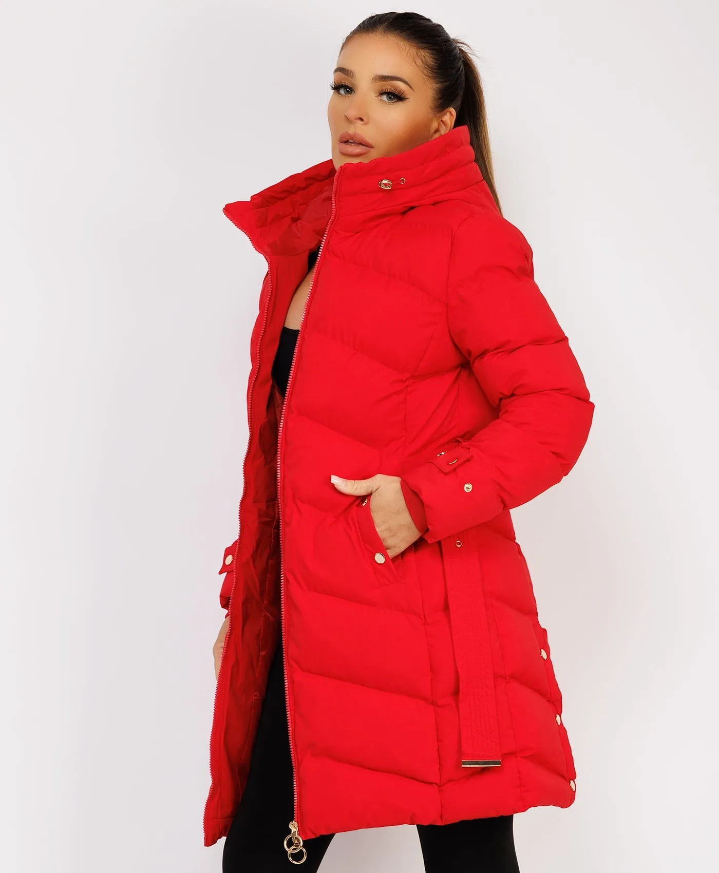 Red Long Puffer Coat With Belt And Gold Button Detail