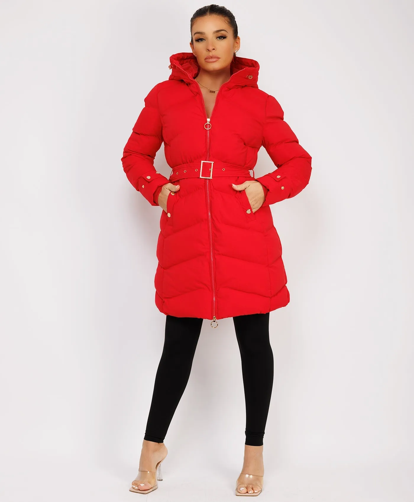 Red Long Puffer Coat With Belt And Gold Button Detail