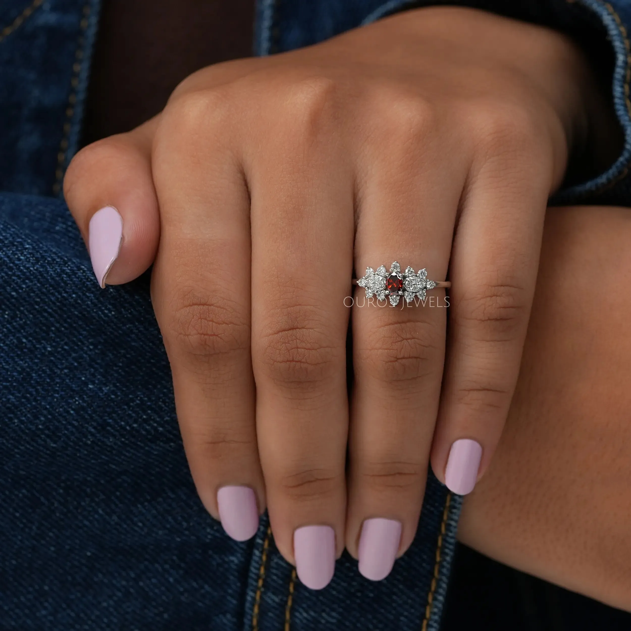 Red Oval Cut Cluster Diamond Dainty Ring