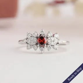 Red Oval Cut Cluster Diamond Dainty Ring