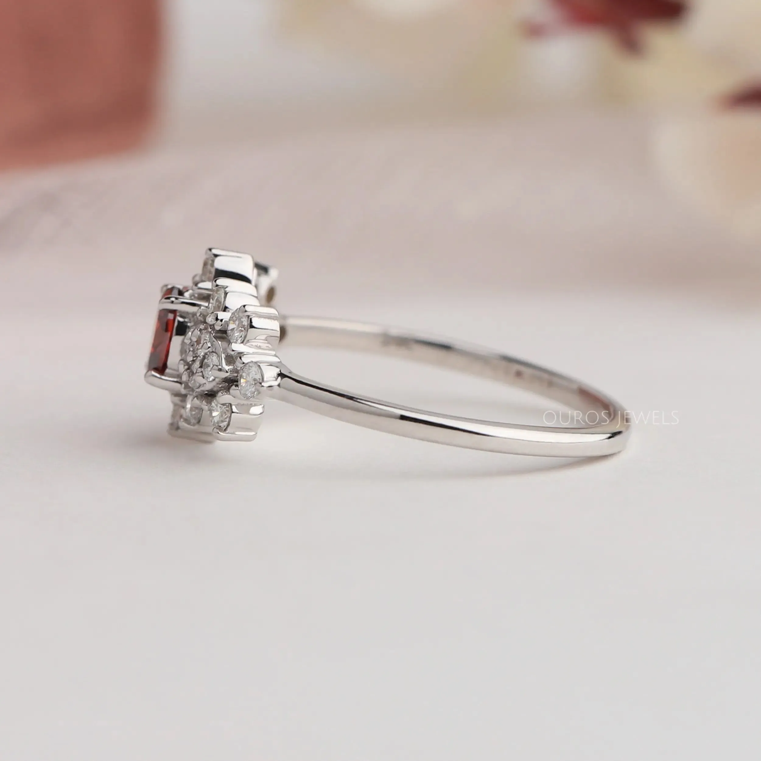 Red Oval Cut Cluster Diamond Dainty Ring