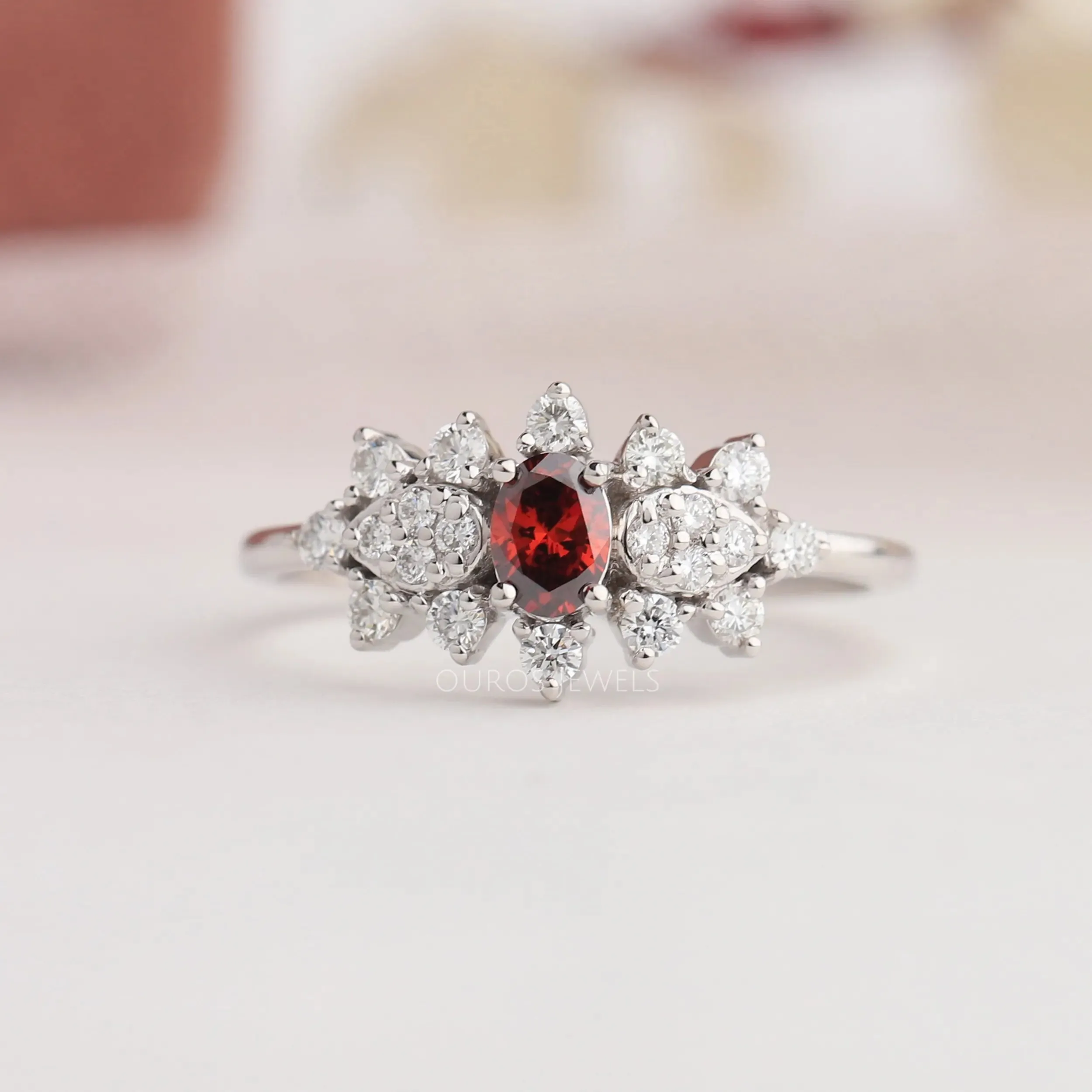 Red Oval Cut Cluster Diamond Dainty Ring