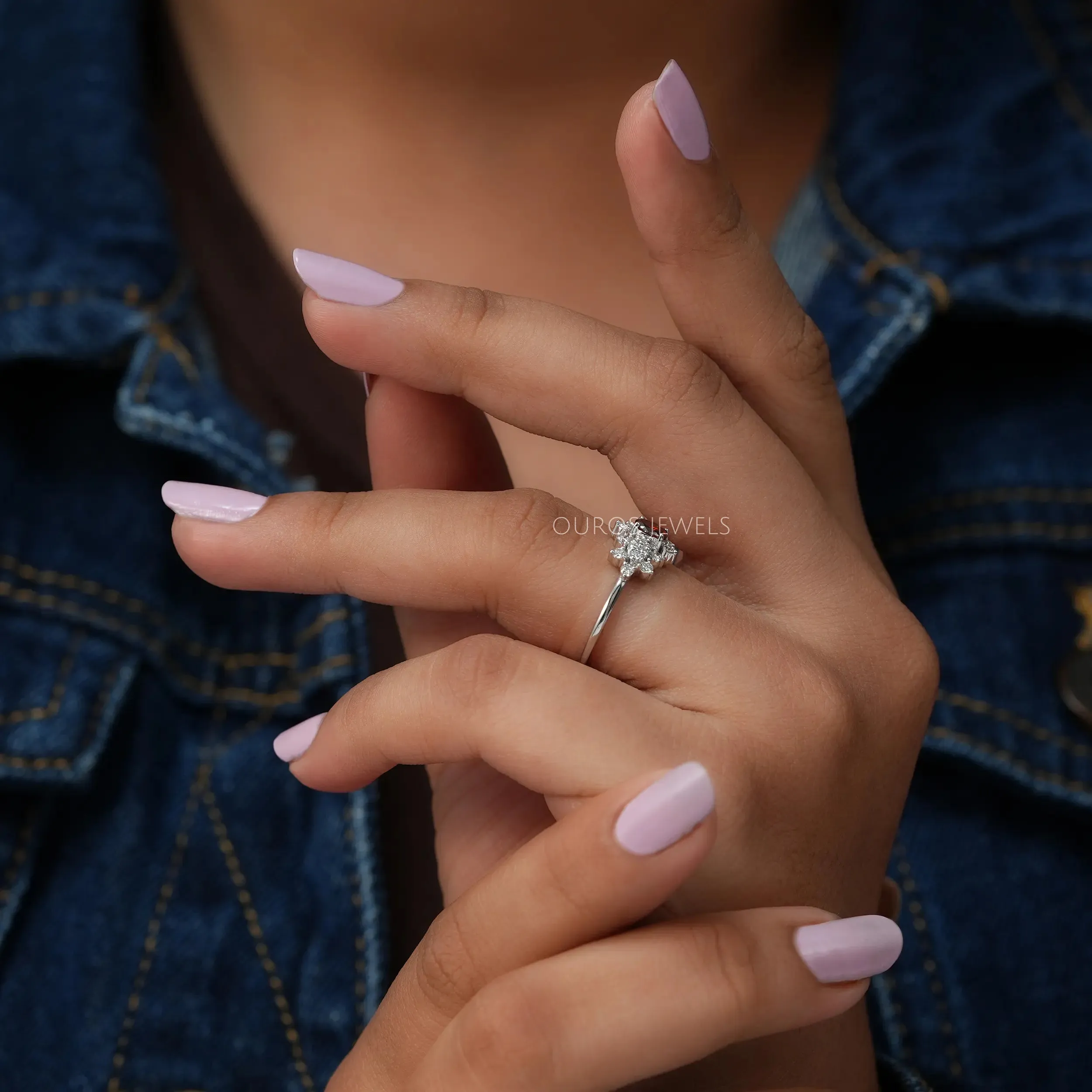 Red Oval Cut Cluster Diamond Dainty Ring