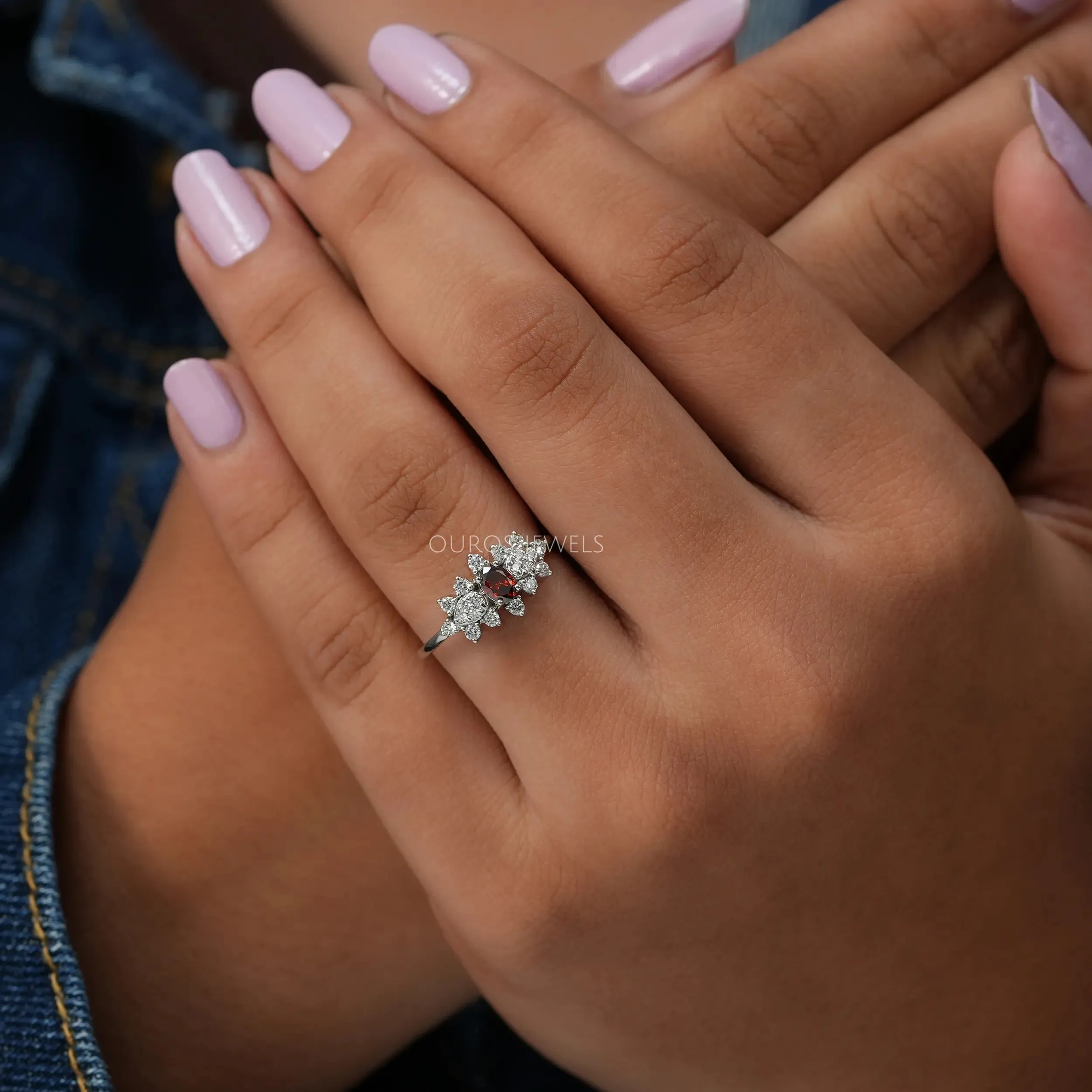 Red Oval Cut Cluster Diamond Dainty Ring