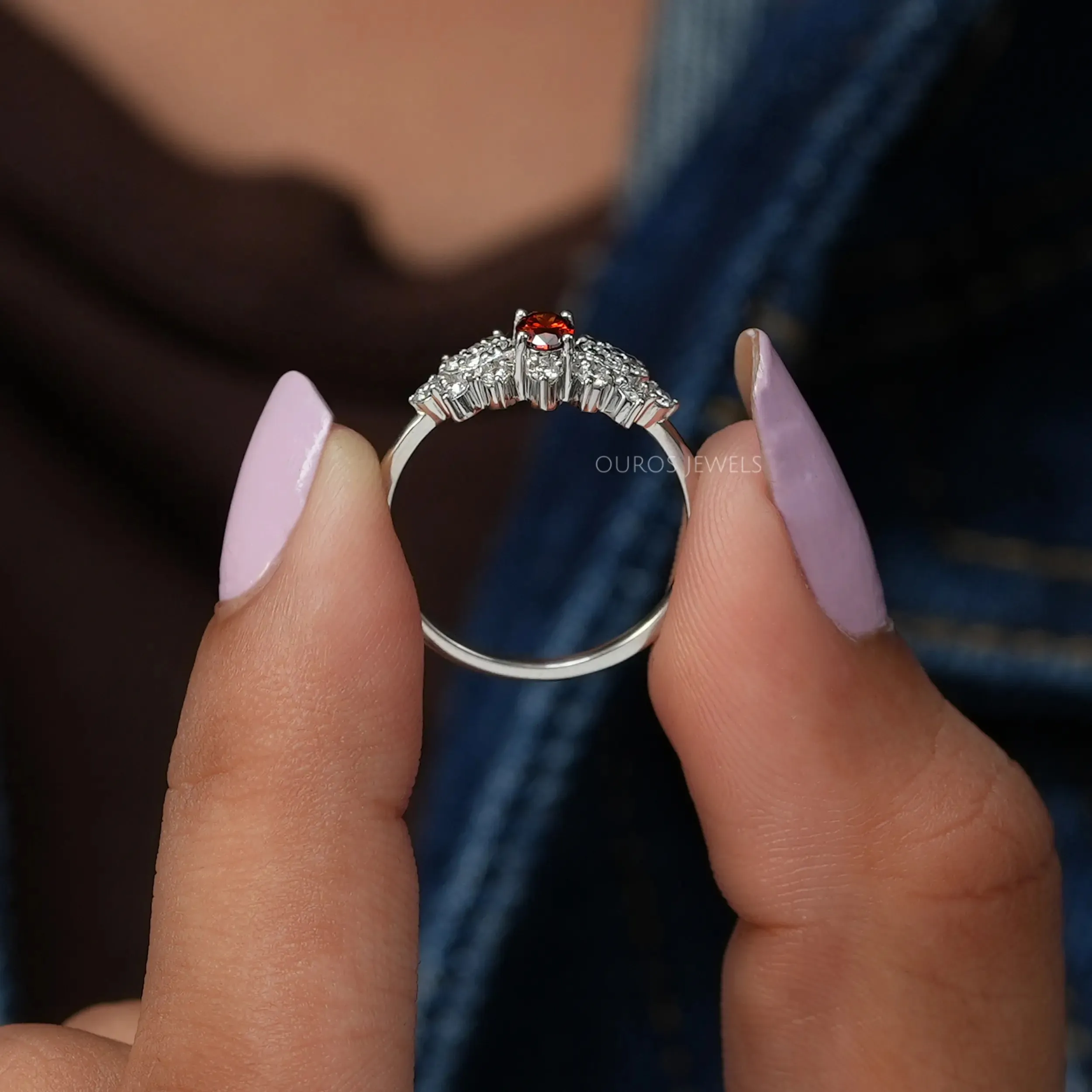 Red Oval Cut Cluster Diamond Dainty Ring