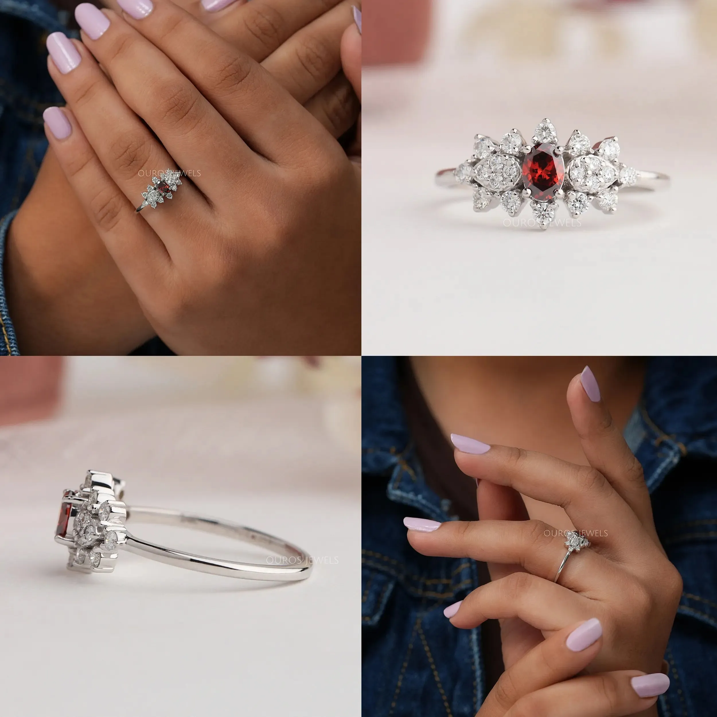 Red Oval Cut Cluster Diamond Dainty Ring