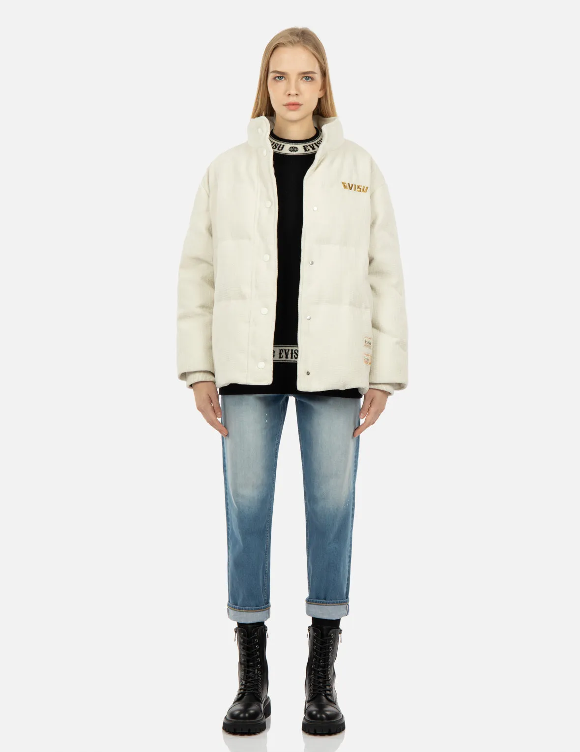 Seagull Appliqué Corduroy Down Jacket