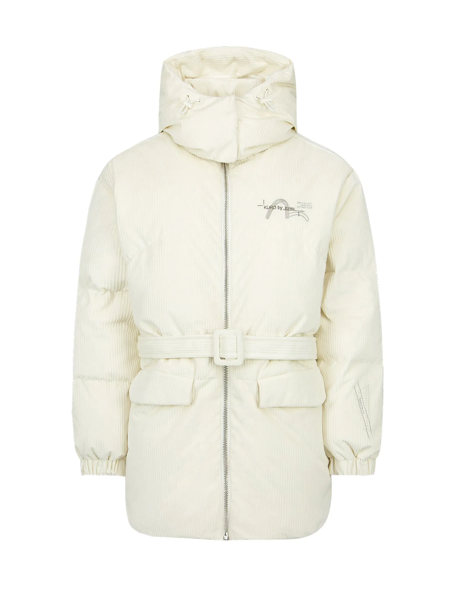 Seagull Embroidery Corduroy Belted Down Jacket