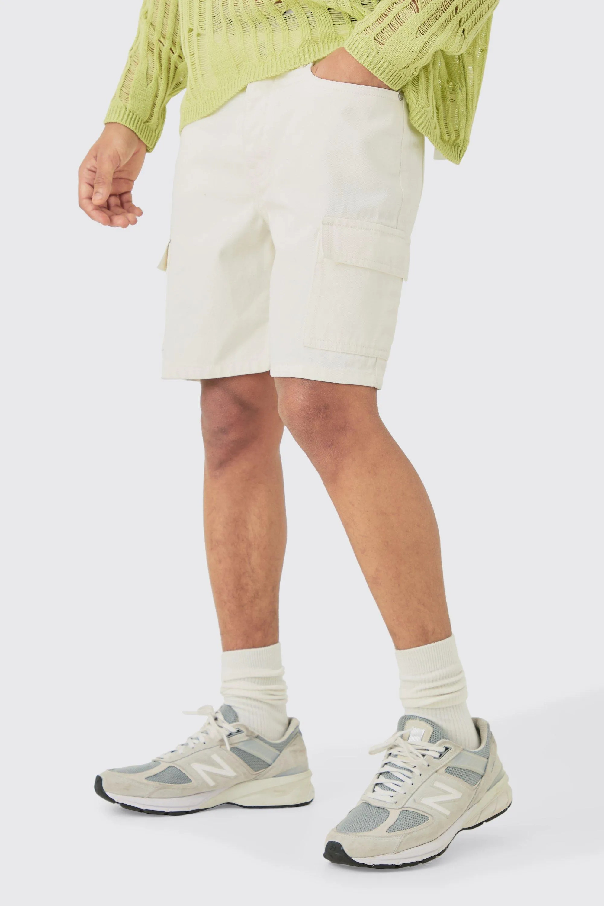 Shorts | Slim Rigid Cargo Denim Shorts In Ecru | boohooMAN