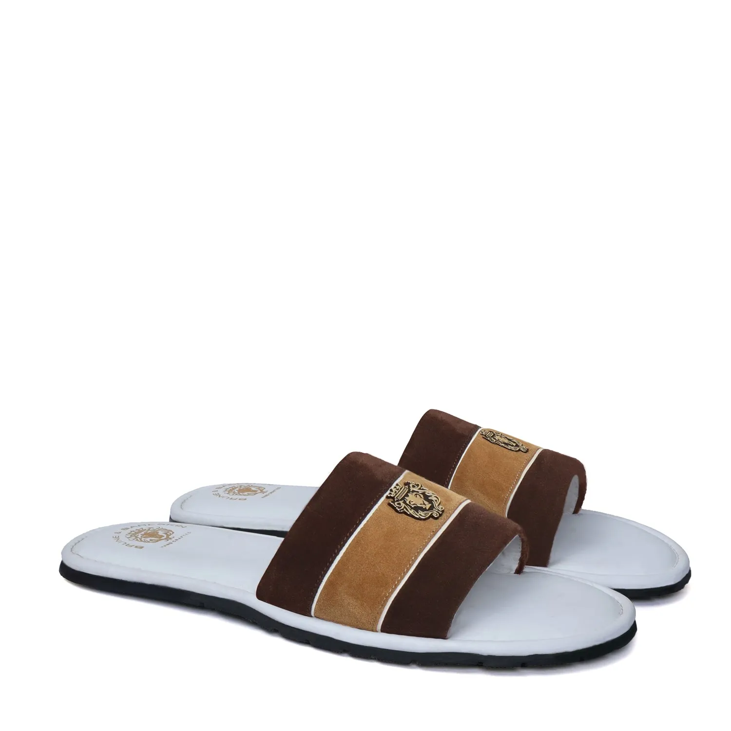 Slide-in Slippers in Brown & Beige Suede Strap White Leather