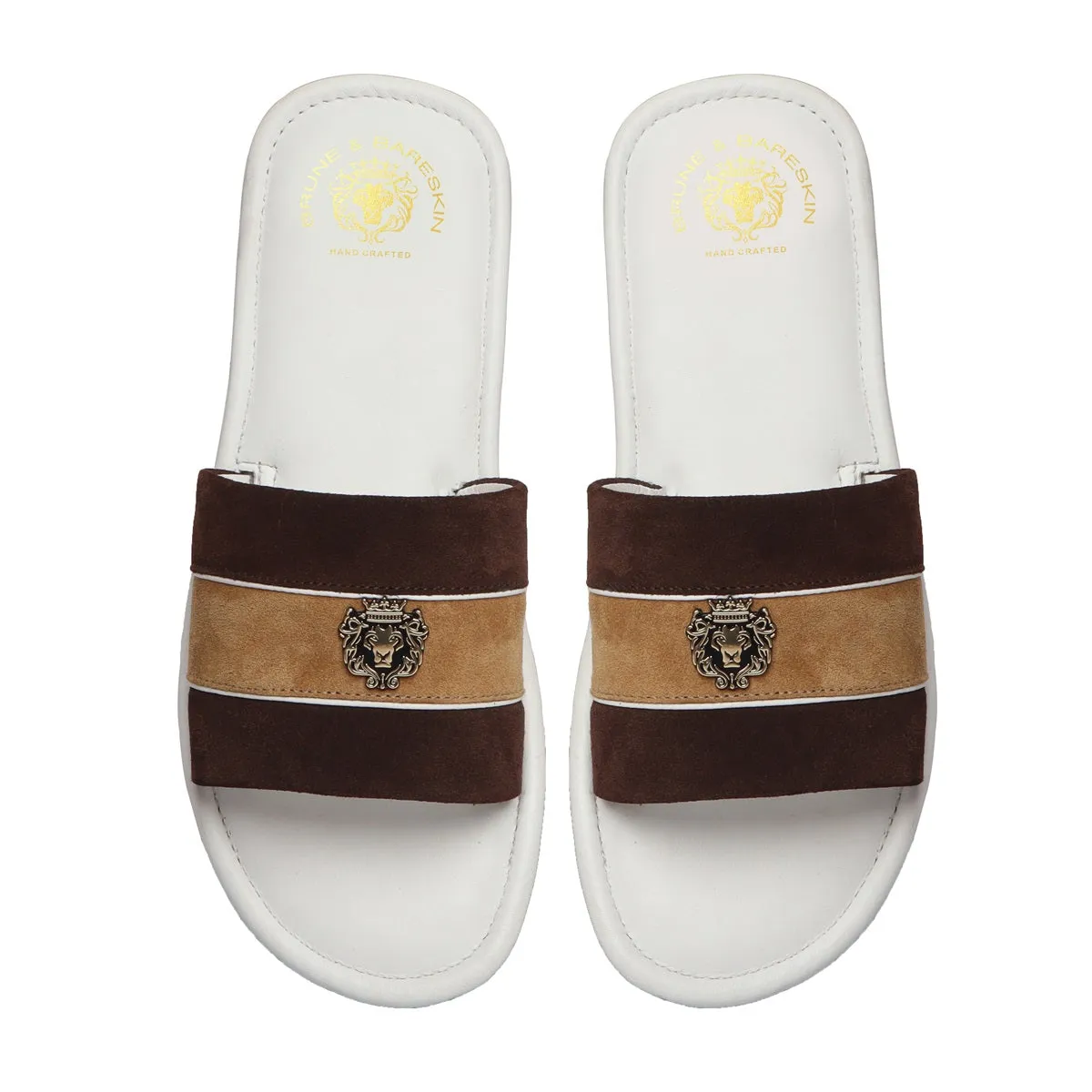 Slide-in Slippers in Brown & Beige Suede Strap White Leather