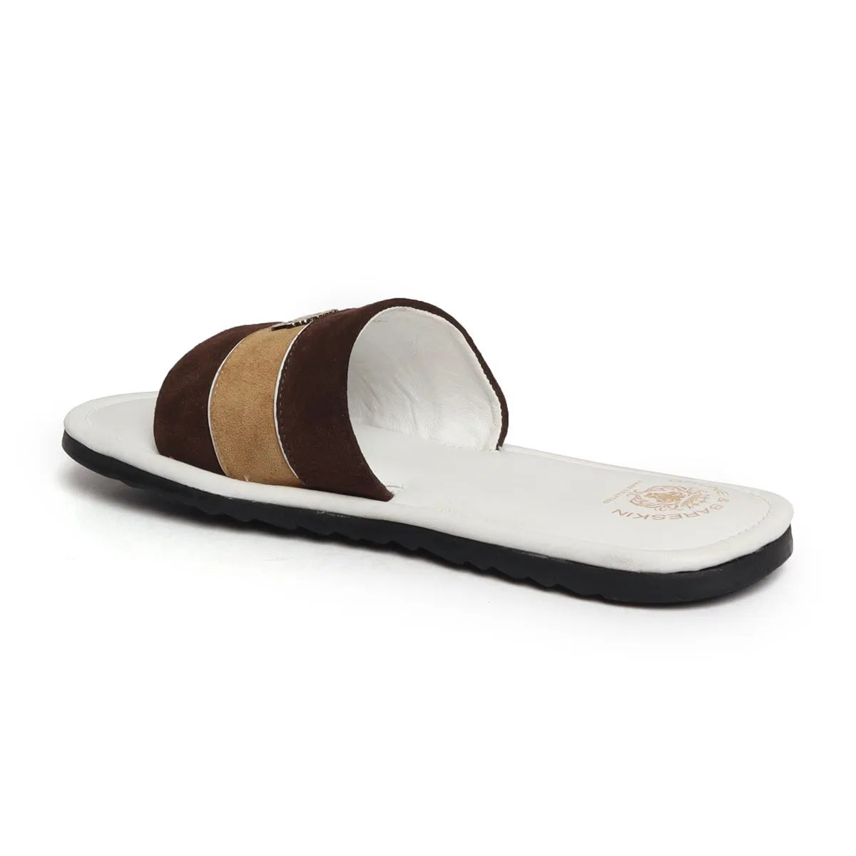 Slide-in Slippers in Brown & Beige Suede Strap White Leather