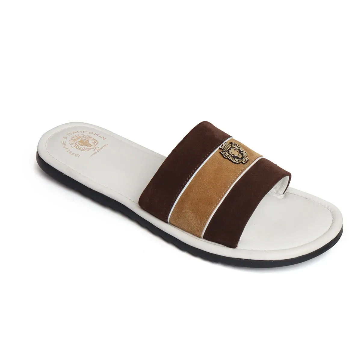 Slide-in Slippers in Brown & Beige Suede Strap White Leather