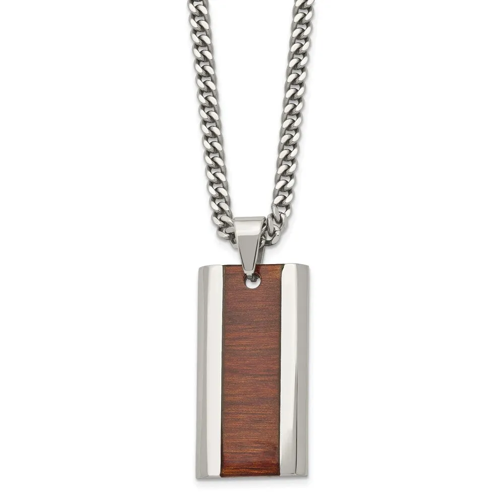 Stainless Steel & Red/Orange Koa Wood Inlay Enameled Necklace, 20 Inch