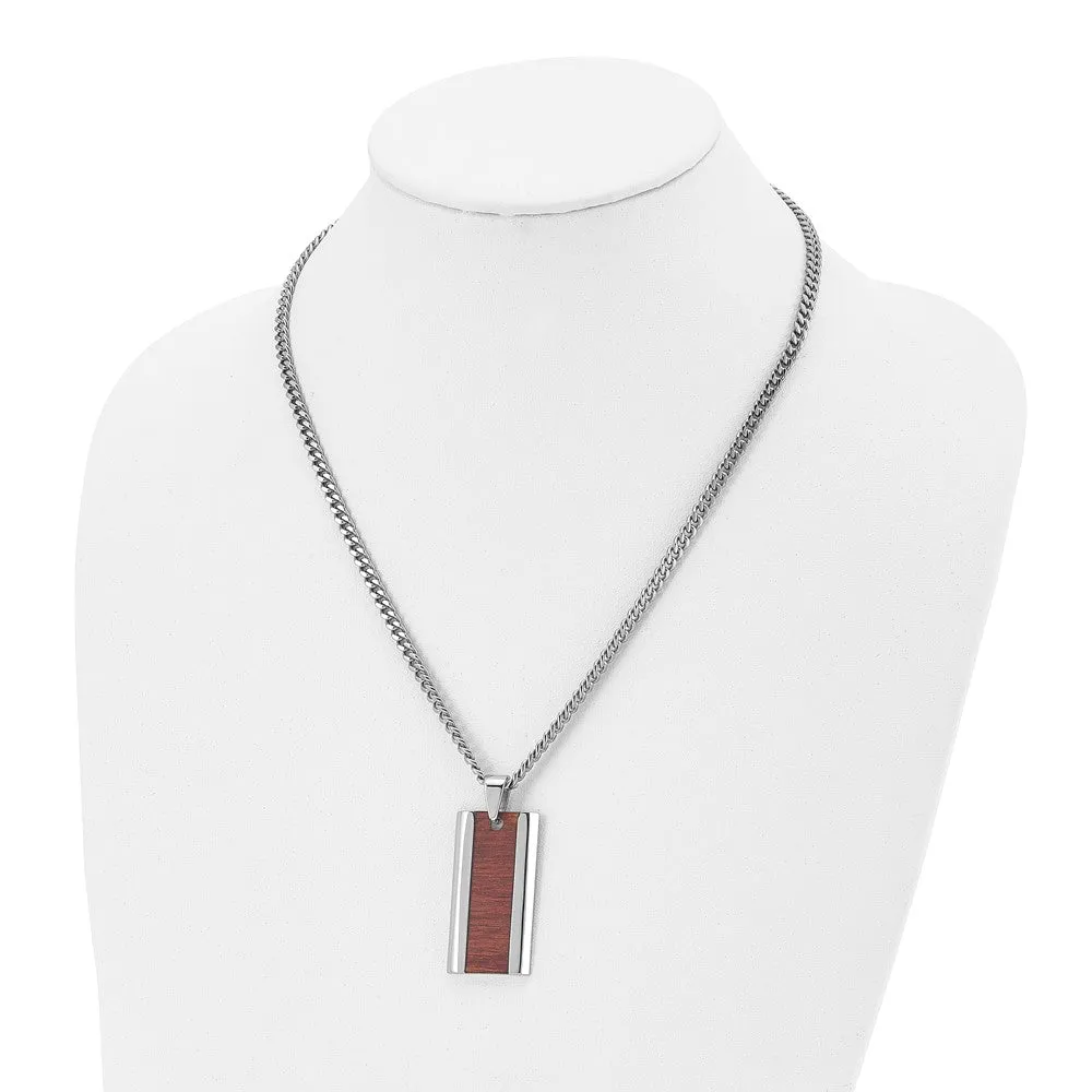 Stainless Steel & Red/Orange Koa Wood Inlay Enameled Necklace, 20 Inch