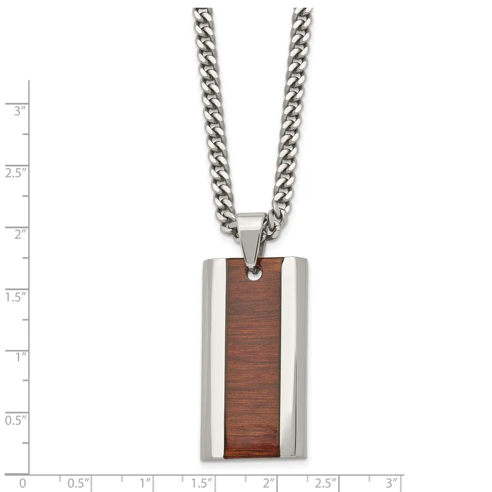 Stainless Steel & Red/Orange Koa Wood Inlay Enameled Necklace, 20 Inch