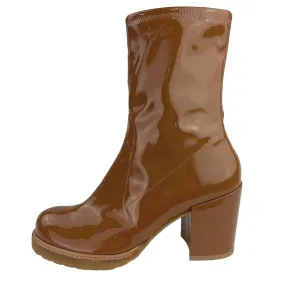 Stuart Weitzman Brown Patent Leather Chunky Dalenna Mid Calf Heeled Boots Size 6