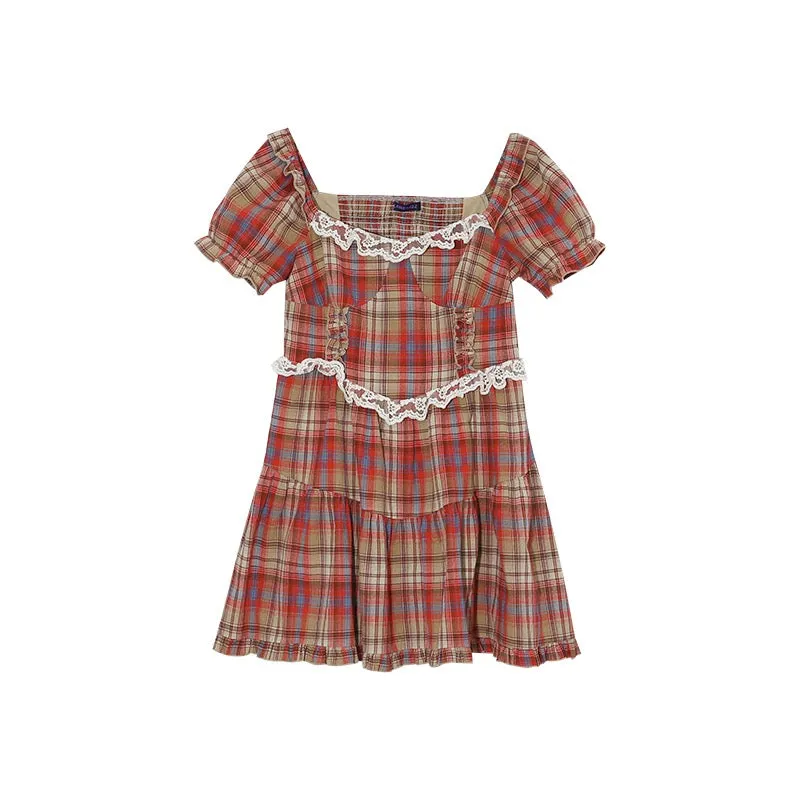 Summer dress plaid dress mini dress cute new school LL-136