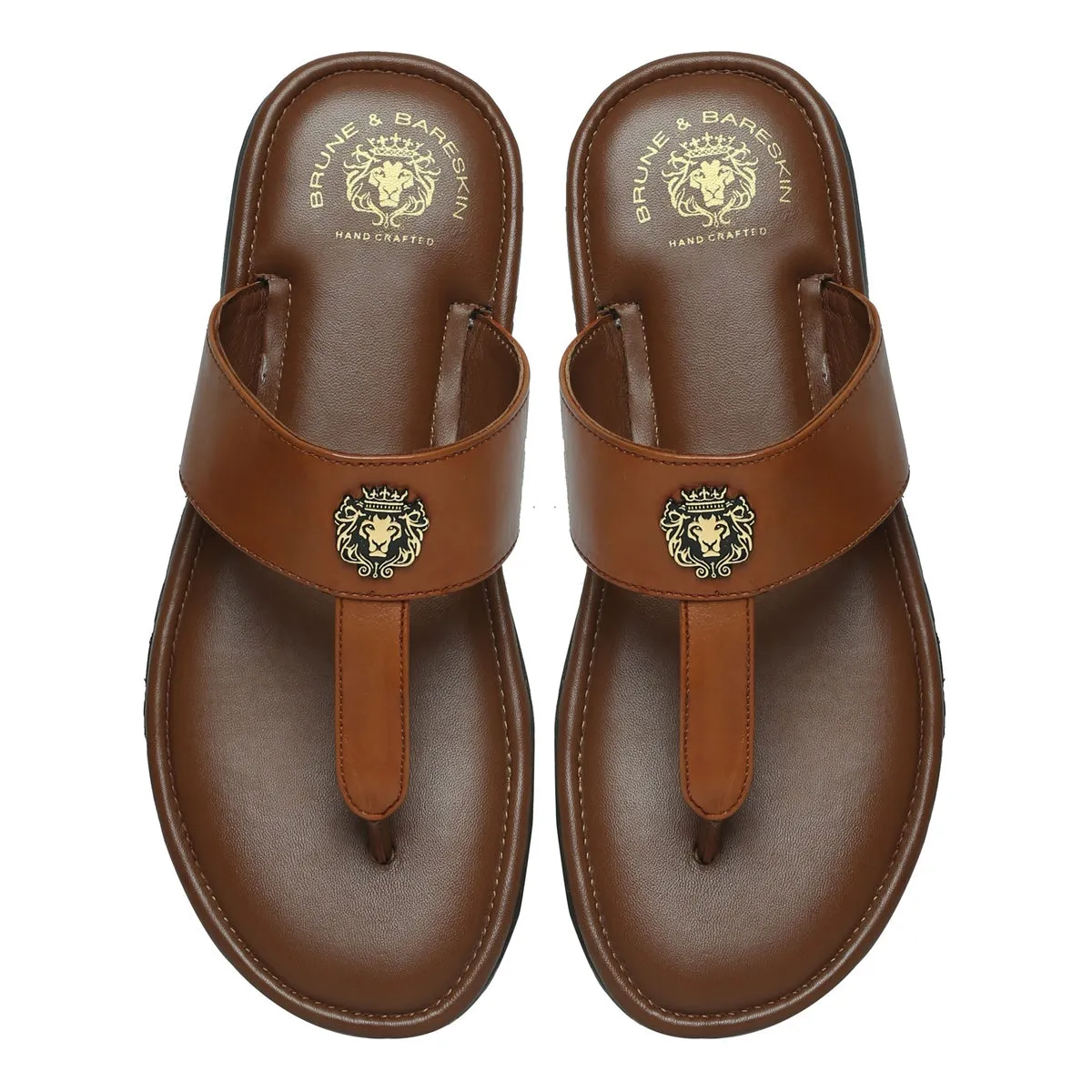 T-Strap Tan Leather Slippers