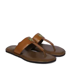 T-Strap Tan Leather Slippers