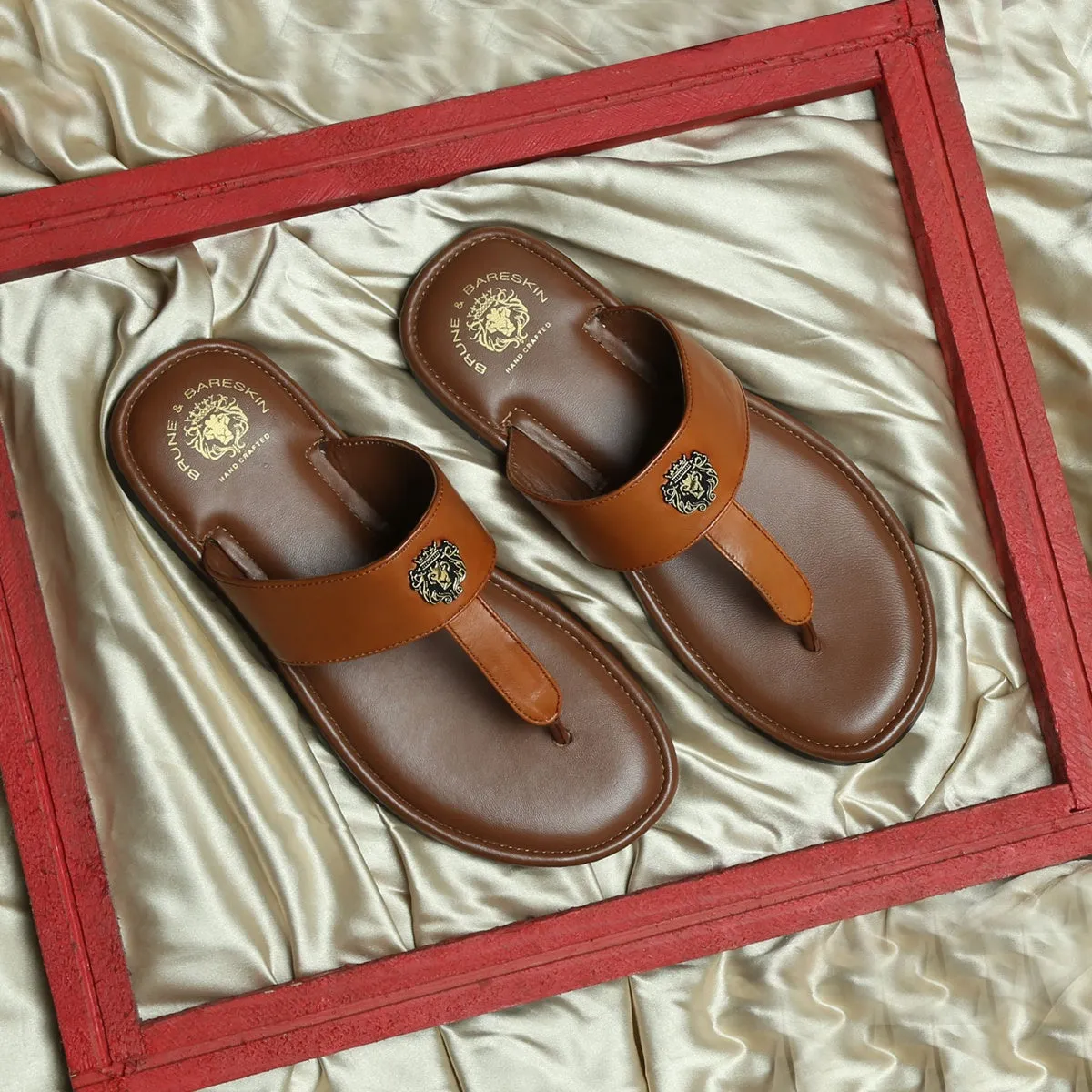 T-Strap Tan Leather Slippers