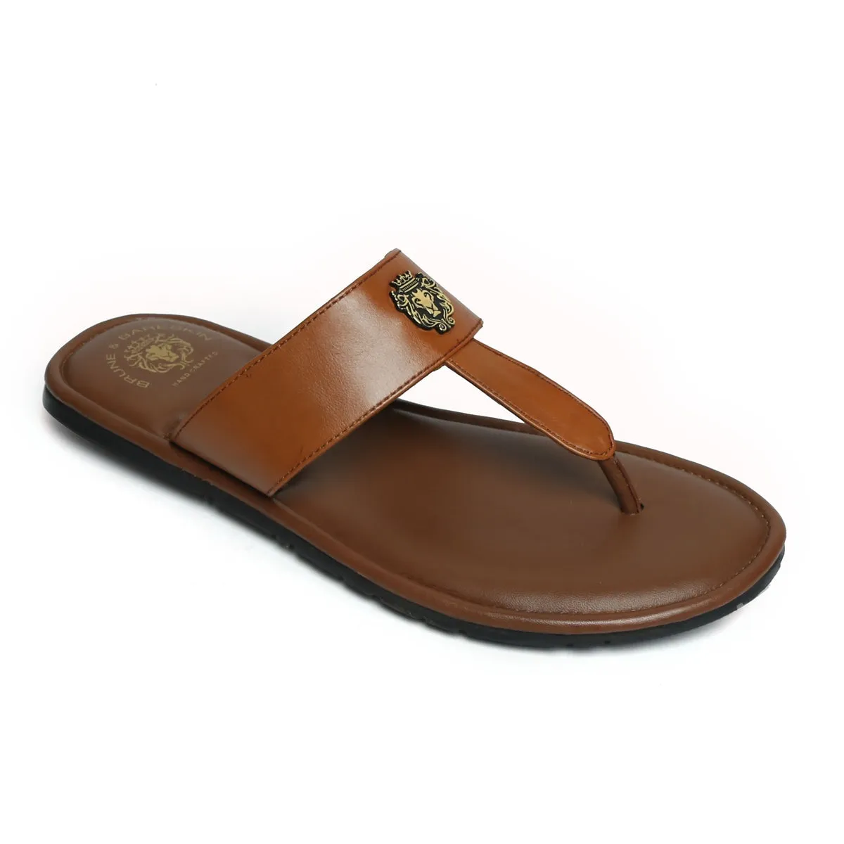 T-Strap Tan Leather Slippers