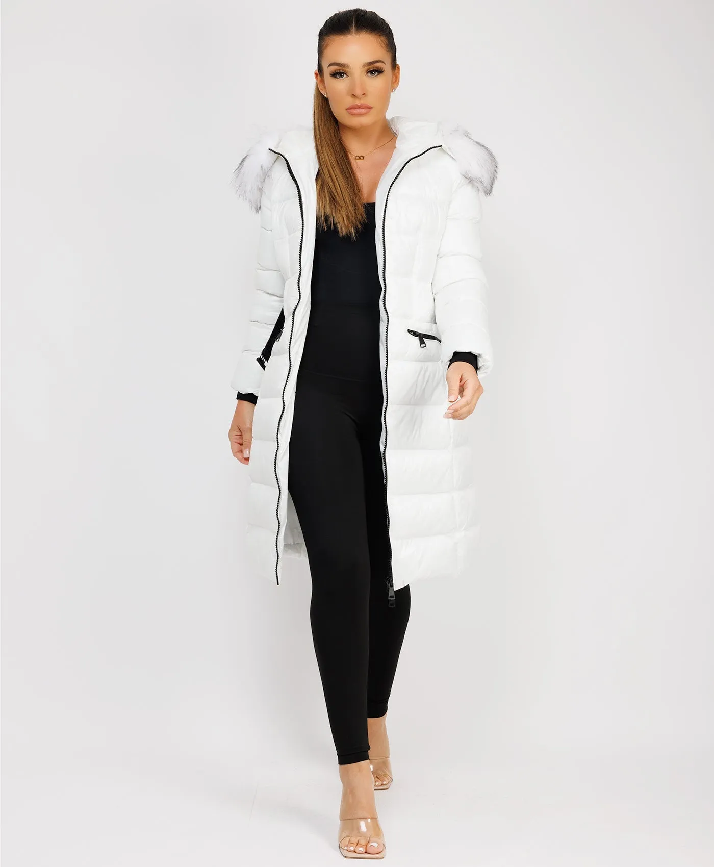 White Long Padded Puffer Trench Coat Jacket With Faux Fur Hood & Belt