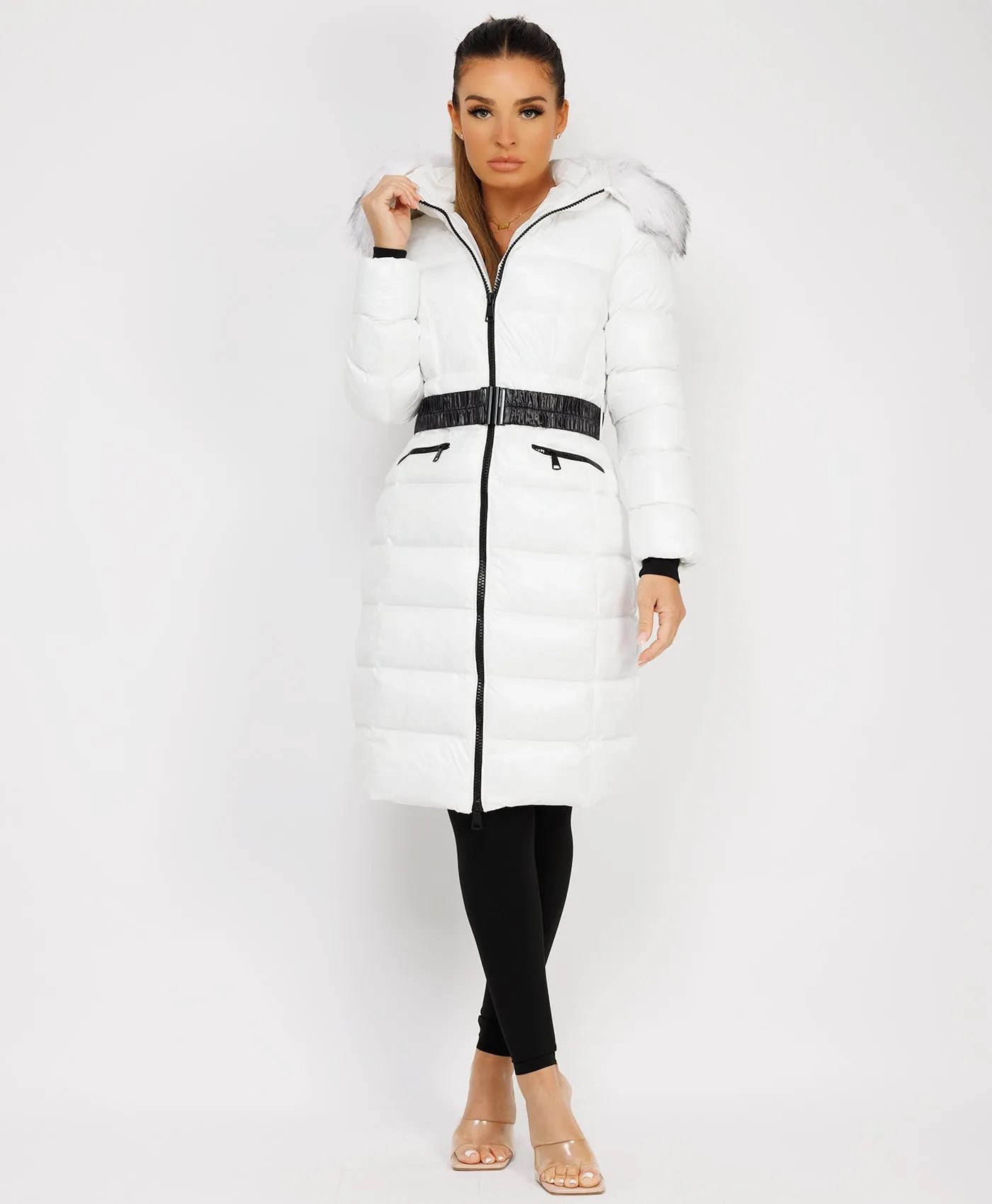 White Long Padded Puffer Trench Coat Jacket With Faux Fur Hood & Belt