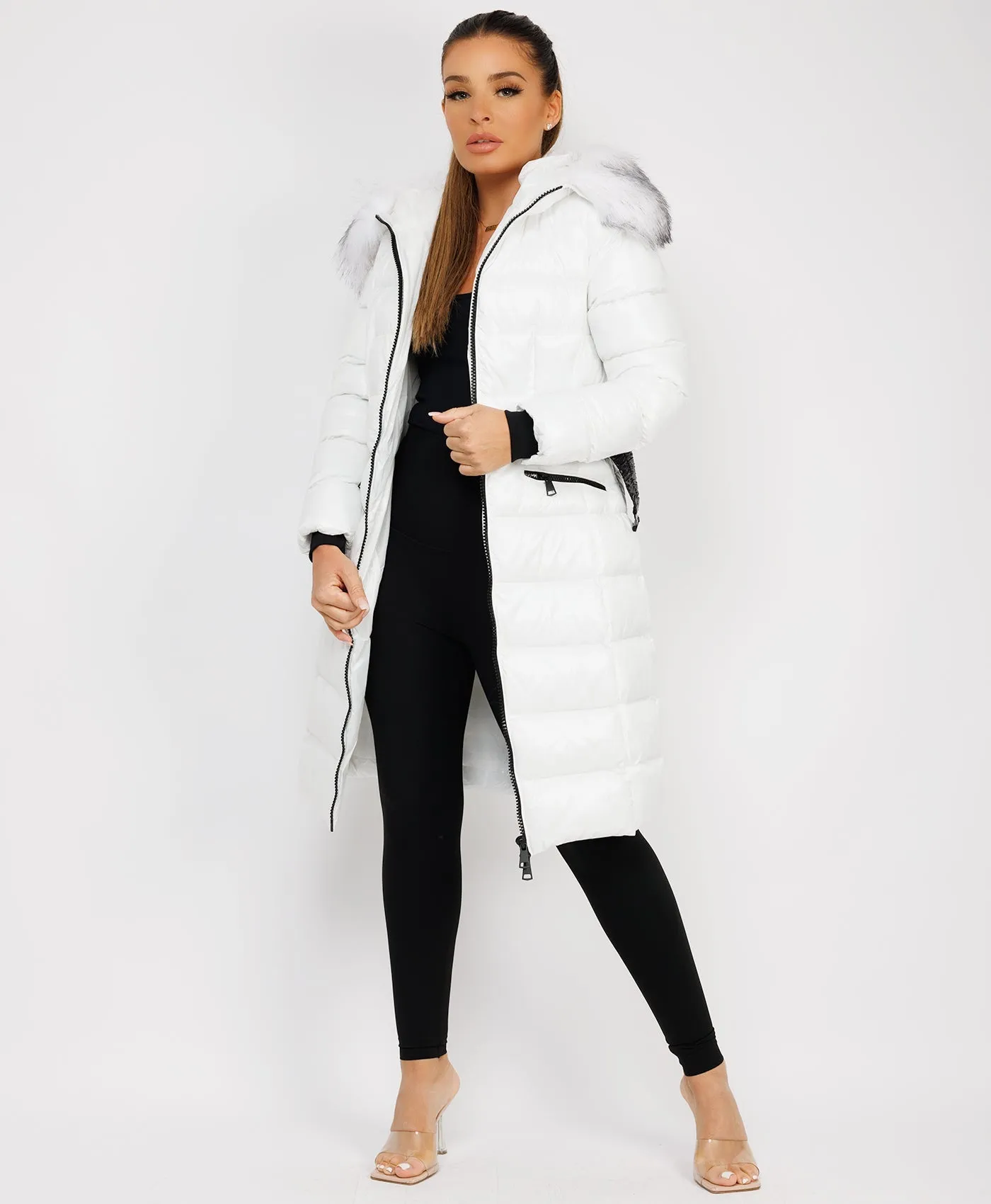 White Long Padded Puffer Trench Coat Jacket With Faux Fur Hood & Belt