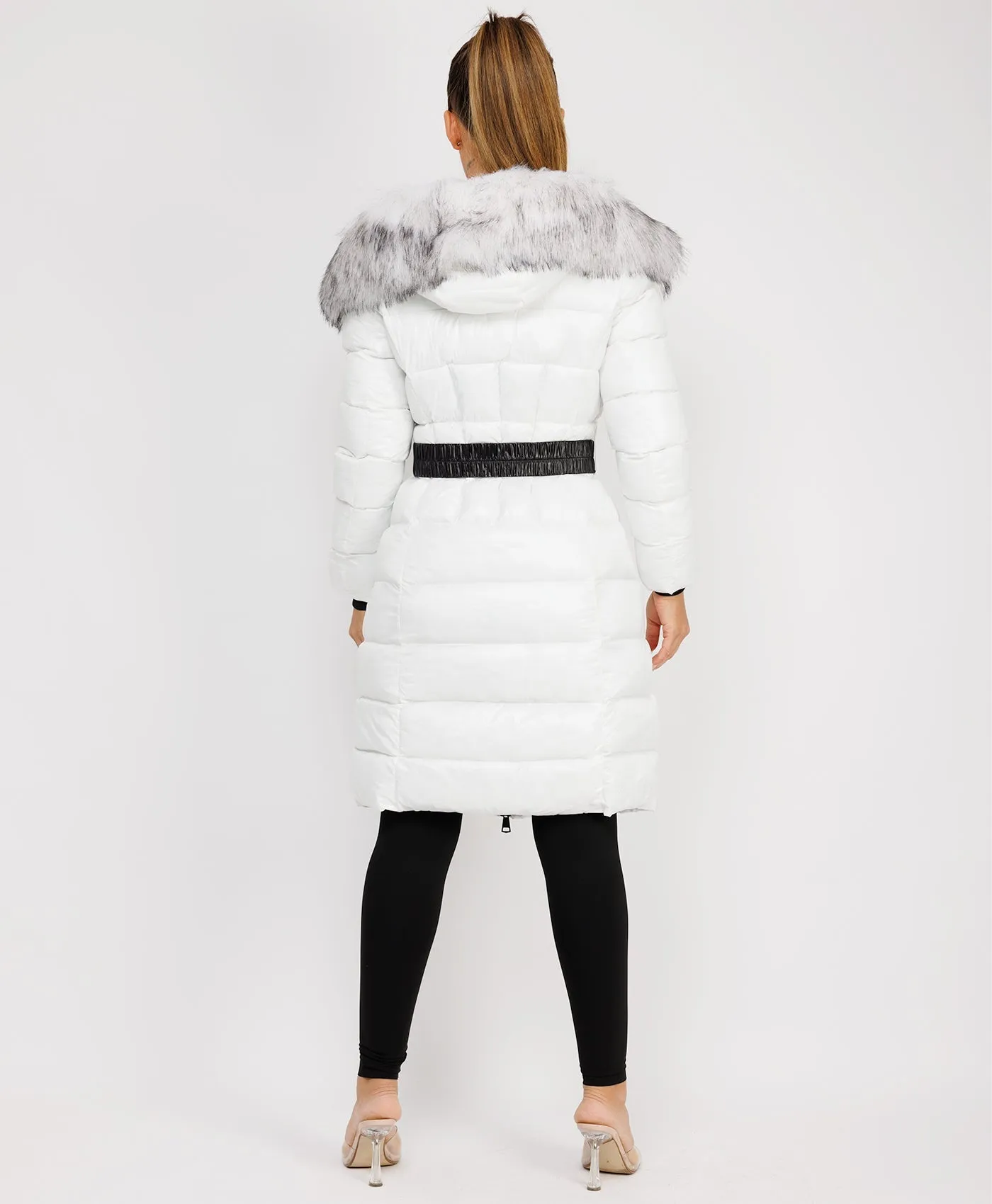 White Long Padded Puffer Trench Coat Jacket With Faux Fur Hood & Belt