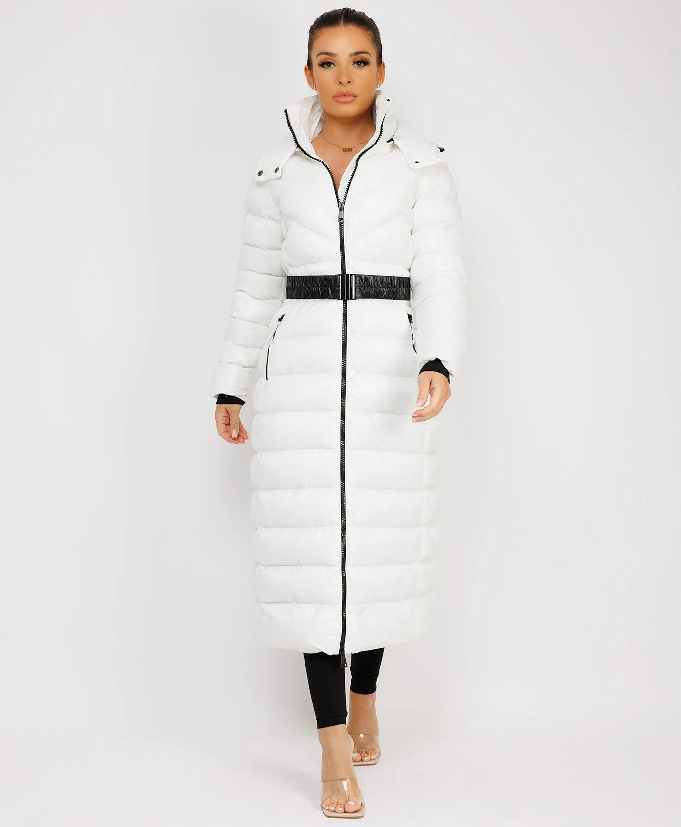 White Long Padded Puffer Trench Coat Jacket With Hood & Belt