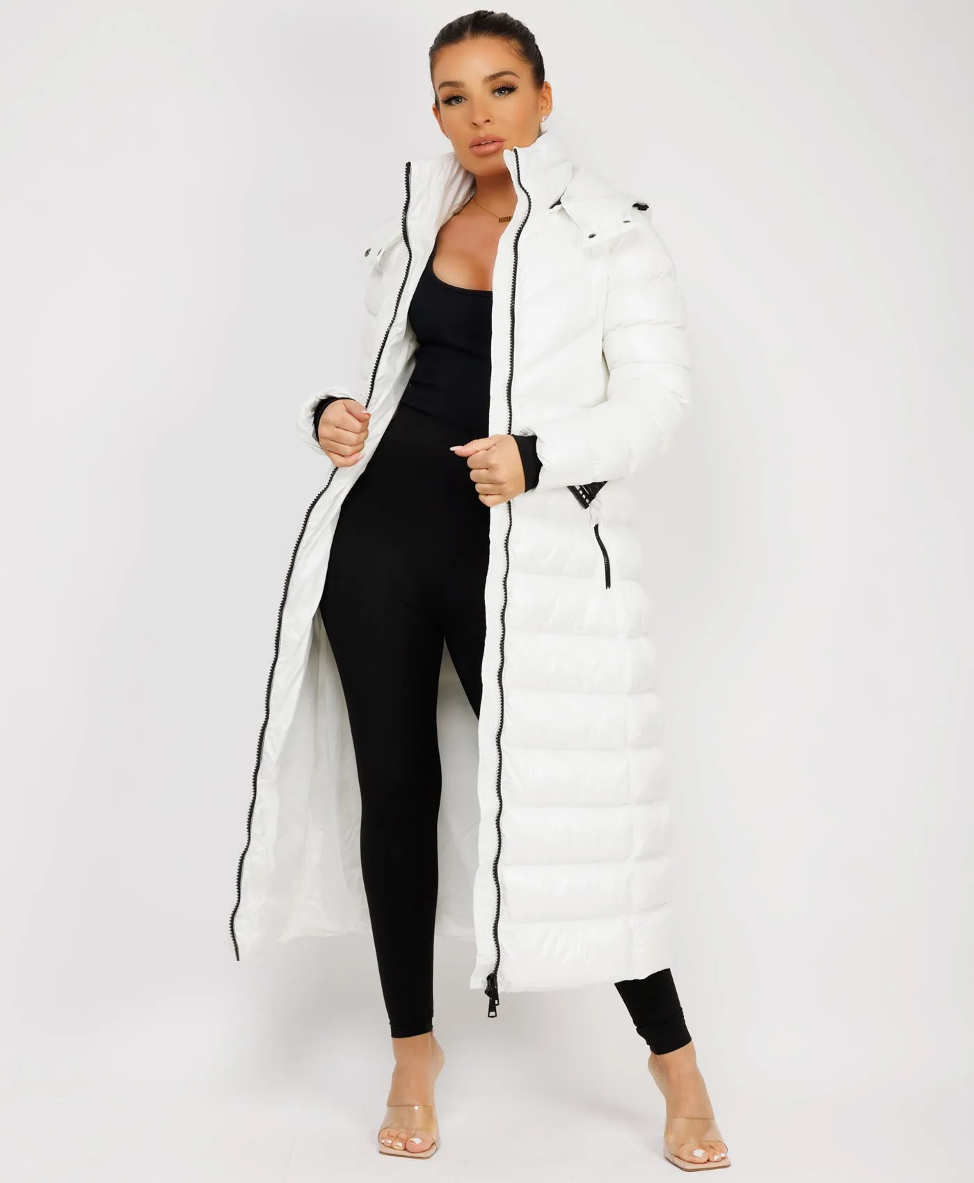 White Long Padded Puffer Trench Coat Jacket With Hood & Belt