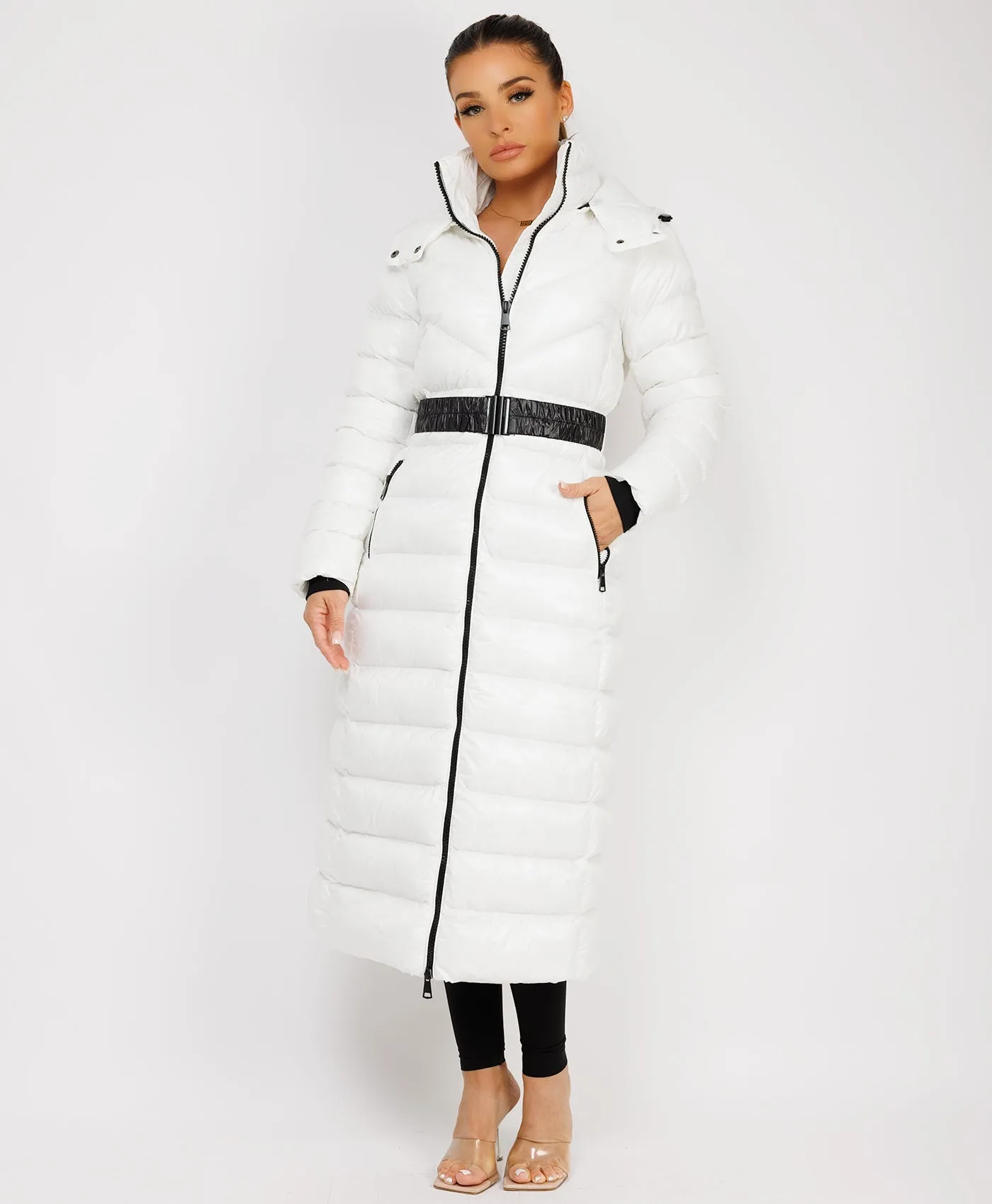 White Long Padded Puffer Trench Coat Jacket With Hood & Belt