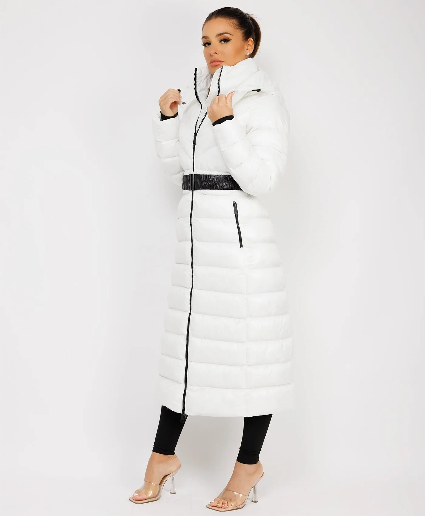 White Long Padded Puffer Trench Coat Jacket With Hood & Belt