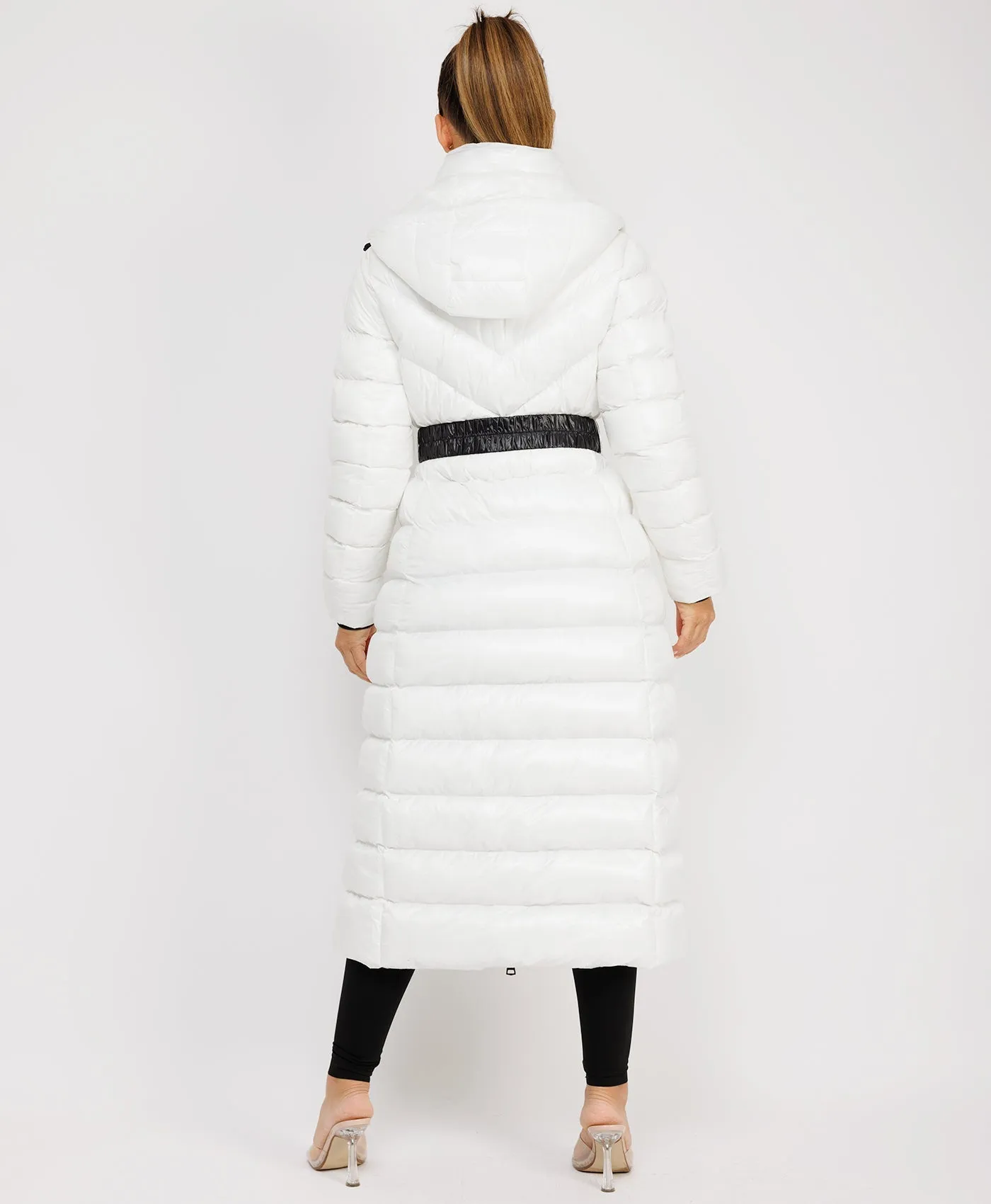 White Long Padded Puffer Trench Coat Jacket With Hood & Belt