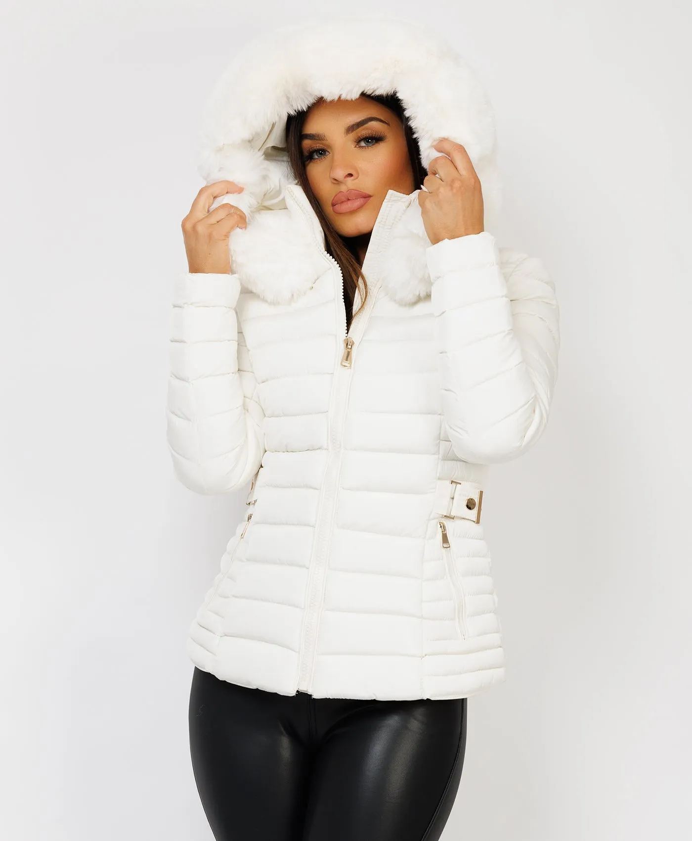 White Luxe Quilted Faux Fur Trim Hooded Belted Puffer Coat