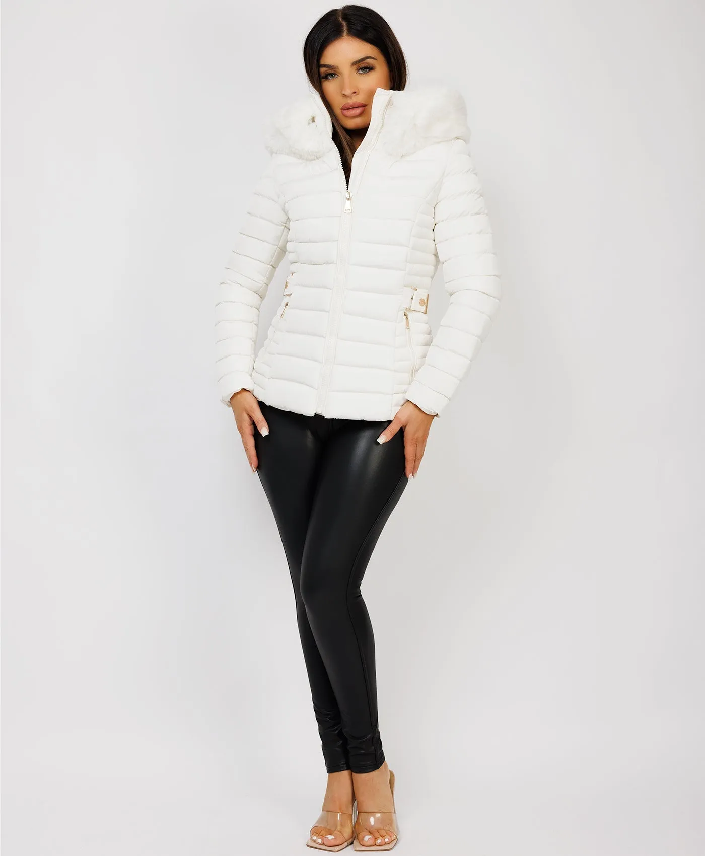 White Luxe Quilted Faux Fur Trim Hooded Belted Puffer Coat