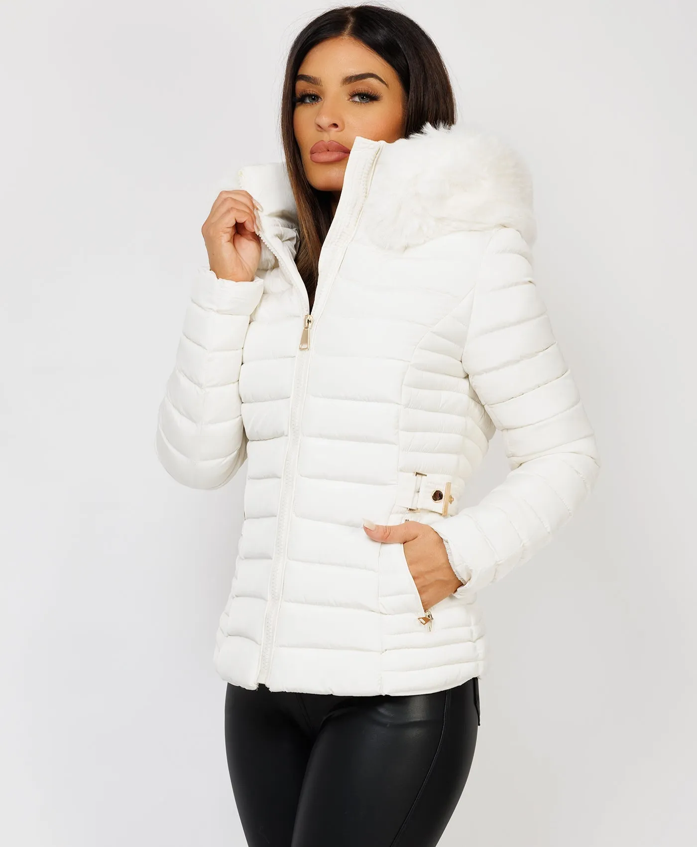 White Luxe Quilted Faux Fur Trim Hooded Belted Puffer Coat