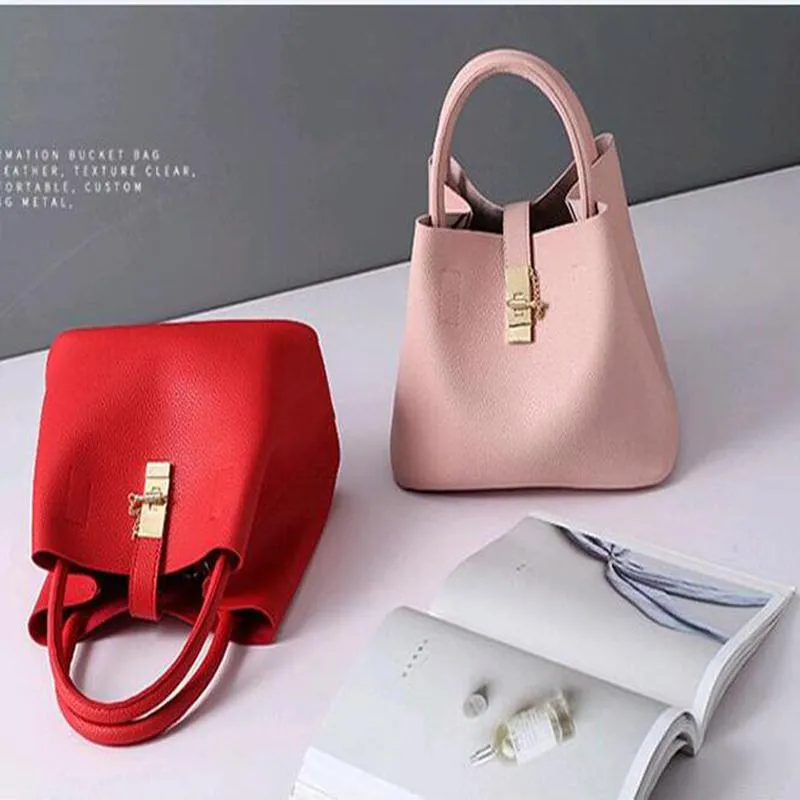 Women High-quality Synthetic Faux-Leather Tote Bag Bucket with Golden - Leather Skin Shop