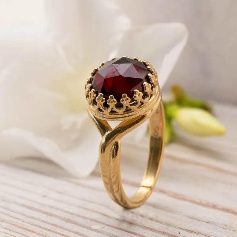 Yellow Gold Plated Red Garnet 10mm Ring