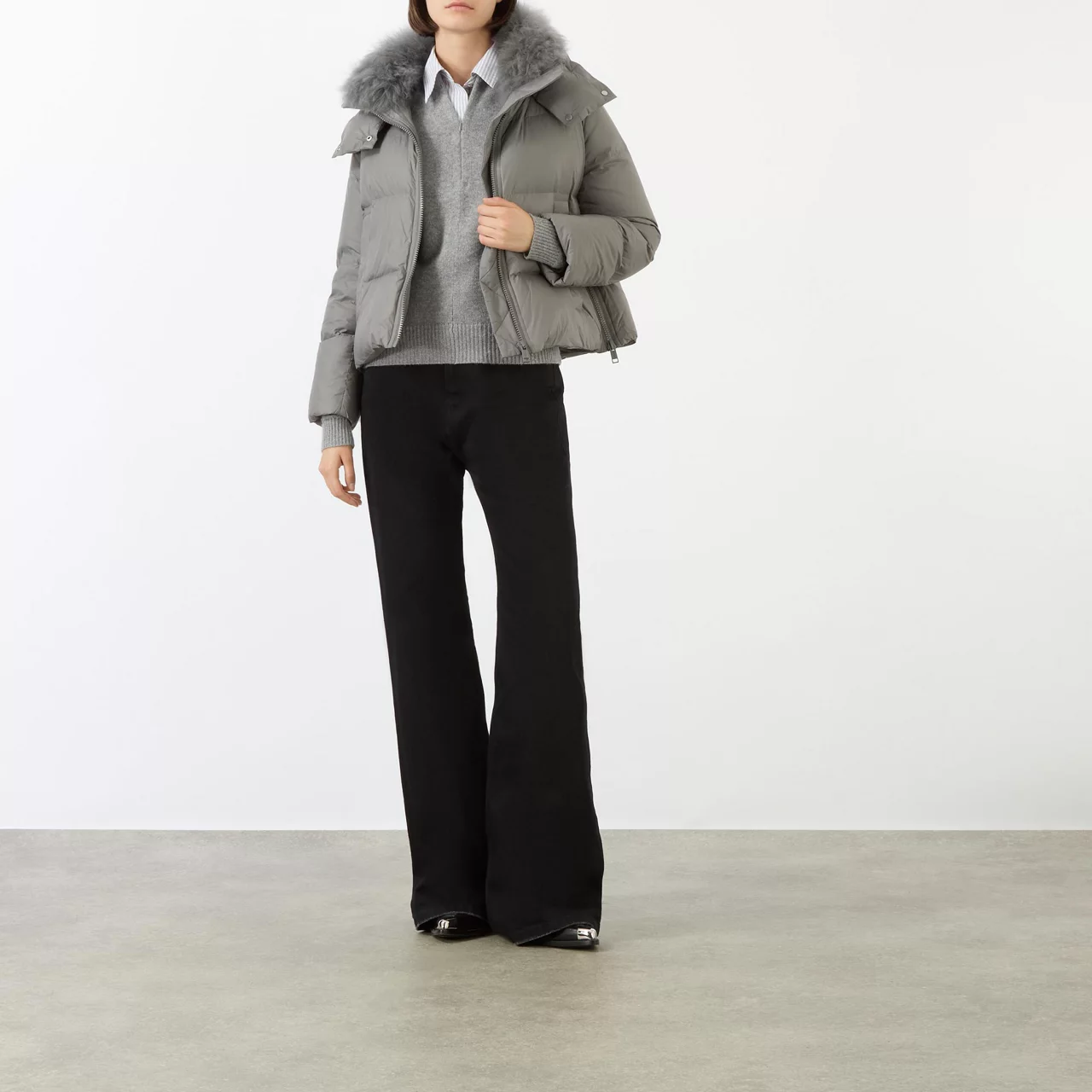 YVES SALOMON A-Line Short Puffer Jacket - Dark Grey